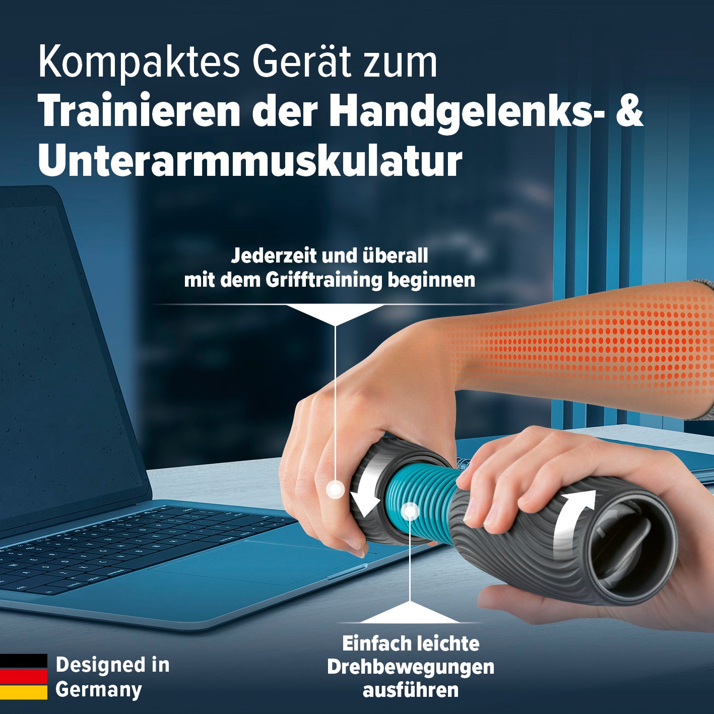 Handgelenk- & Unterarmtrainer, kompaktes Trainingsgerät für Griffkraft und Beweglichkeit, einfach überall einsetzbar, designed in Germany.