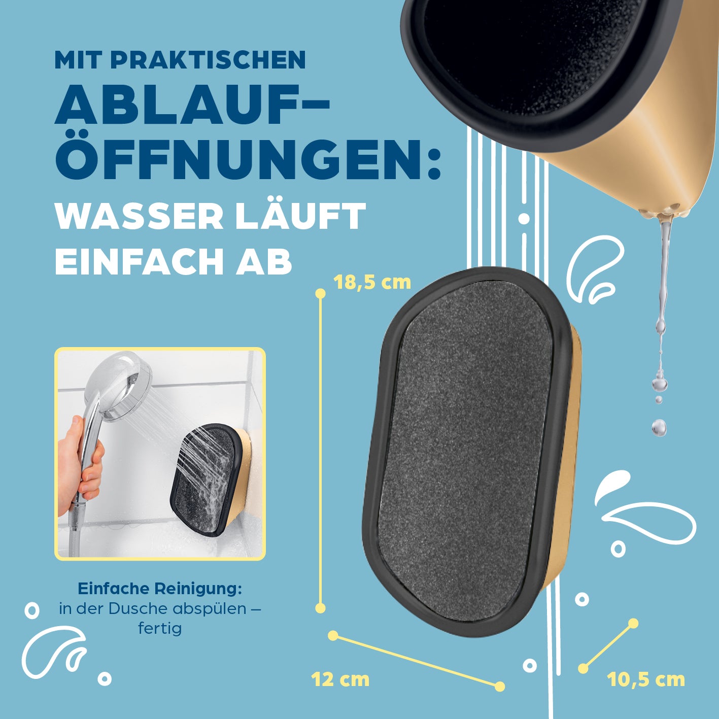 Hornhautentferner für die Dusche - Gold-Edition mit Ablauflöchern für einfache Reinigung und hygienische Fußpflege unter der Dusche.
