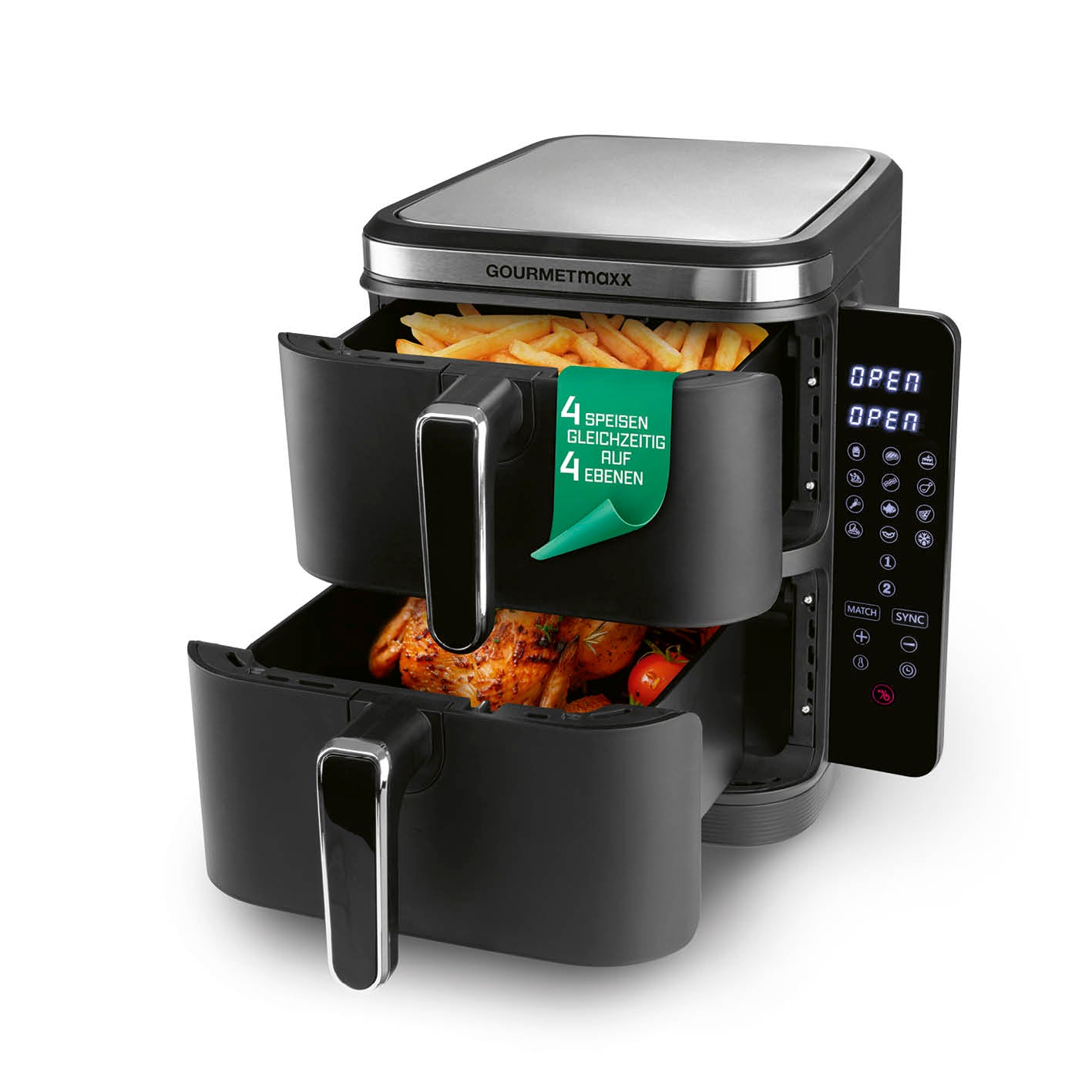 FryUp Vertikale Doppelkammer-Heißluftfritteuse - 2x 5 l mit 4 Ebenen, 2 Kammern und digitalem Bedienfeld.