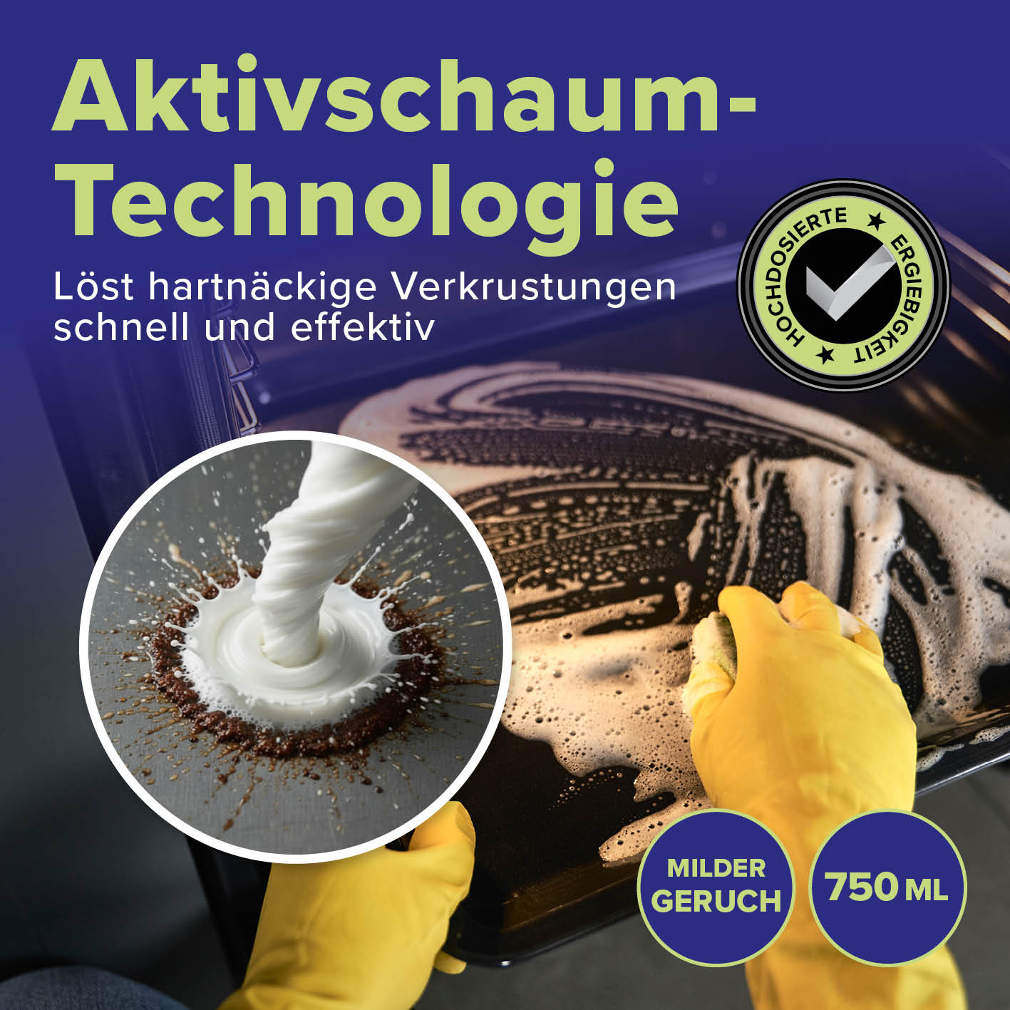 Backofen & Grillreiniger - 750 ml mit Aktivschaum-Technologie entfernt schnell hartnäckige Verkrustungen effektiv und mild im Geruch.