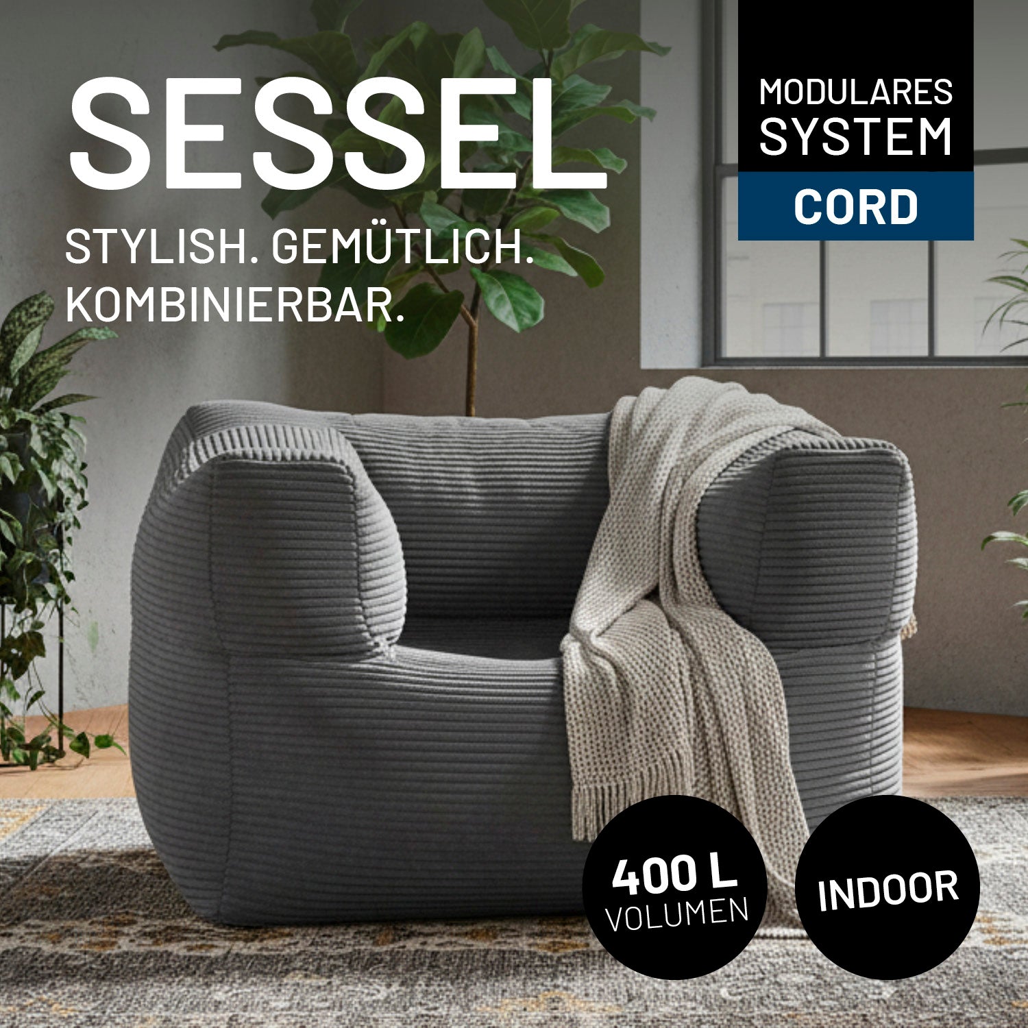 Modularer Sessel aus der LUMALAND Cord-Reihe - 400 L - 96 x 72 x 70 cm - Grau mit gemütlichem Cordbezug und modernem Design