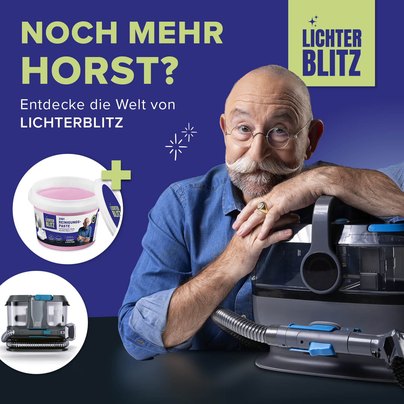 Mann präsentiert Fensterreiniger 3-in-1 mit Teleskopstange und Sprühfunktion für effiziente Reinigung ohne Nachwischen.