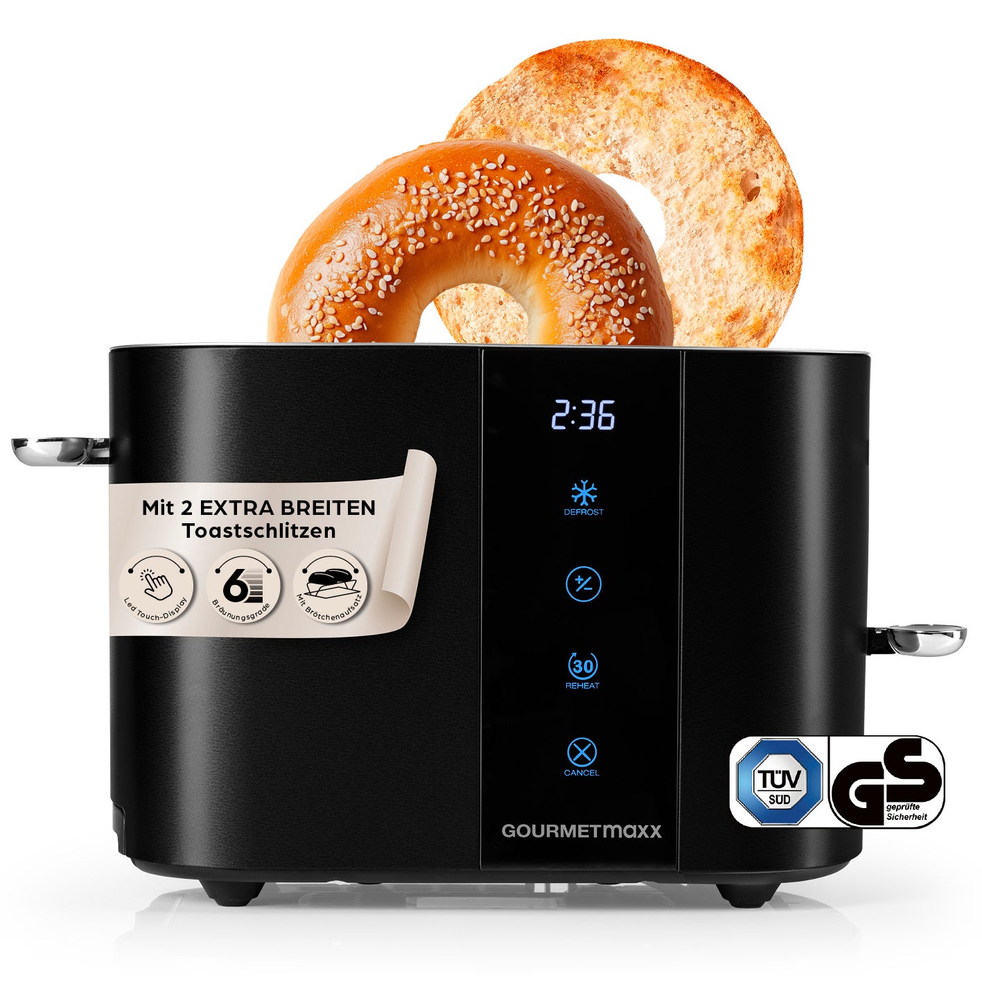 Toaster - Schwarz mit 2 extra breiten Schlitzen, 6 Bräunungsstufen und digitalem Display für perfekten Toastgenuss.