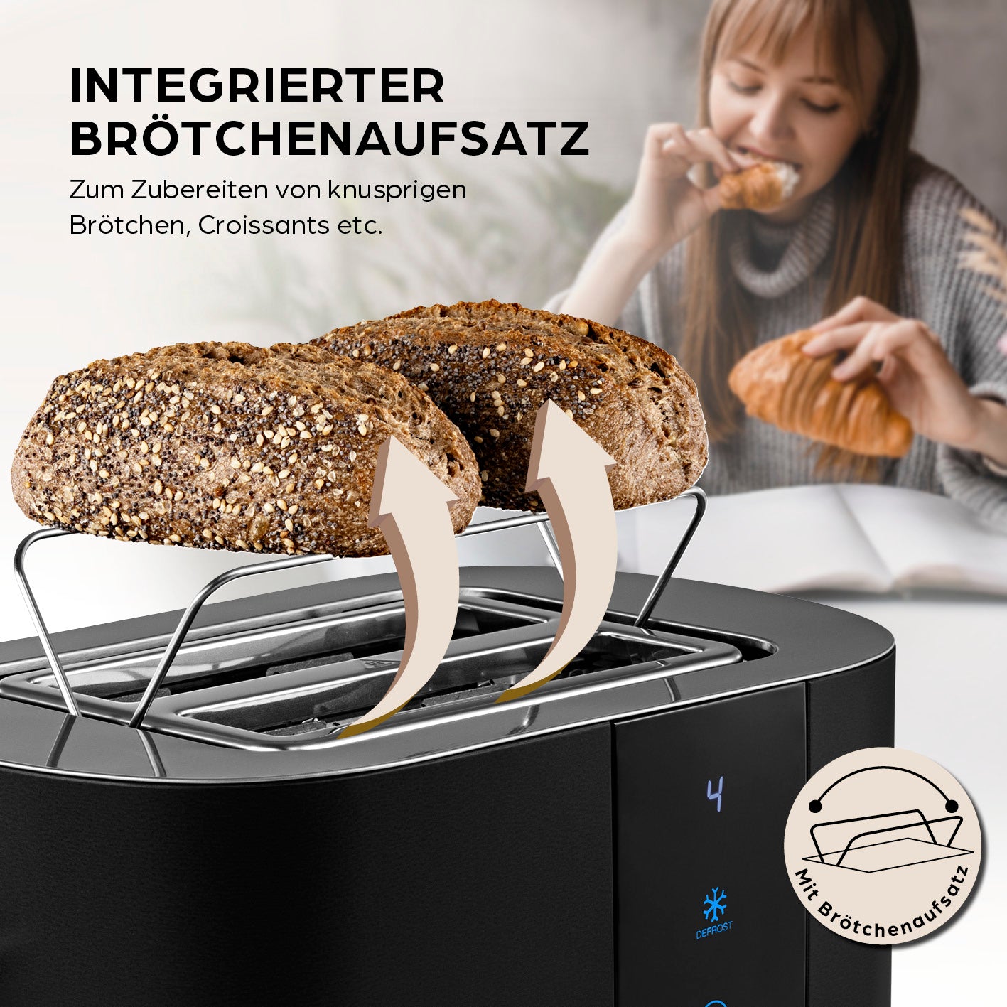 Toaster - Schwarz mit integriertem Brötchenaufsatz zum Aufbacken von Brötchen, Croissants und mehr im modernen Design.