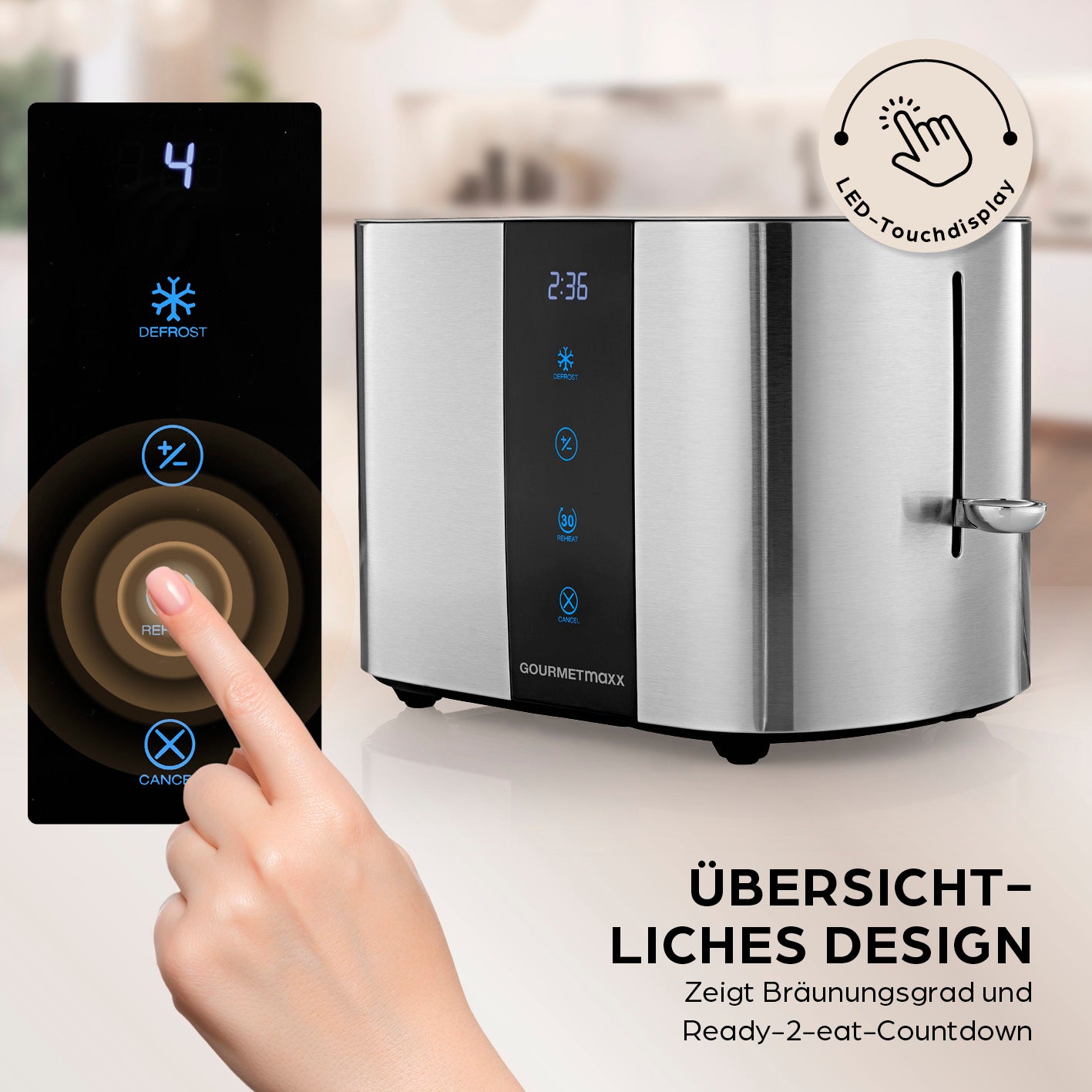 Toaster - Edelstahl mit LED-Touchdisplay, 6 Bräunungsgraden und praktischem Ready-2-eat-Countdown für perfekten Toast.