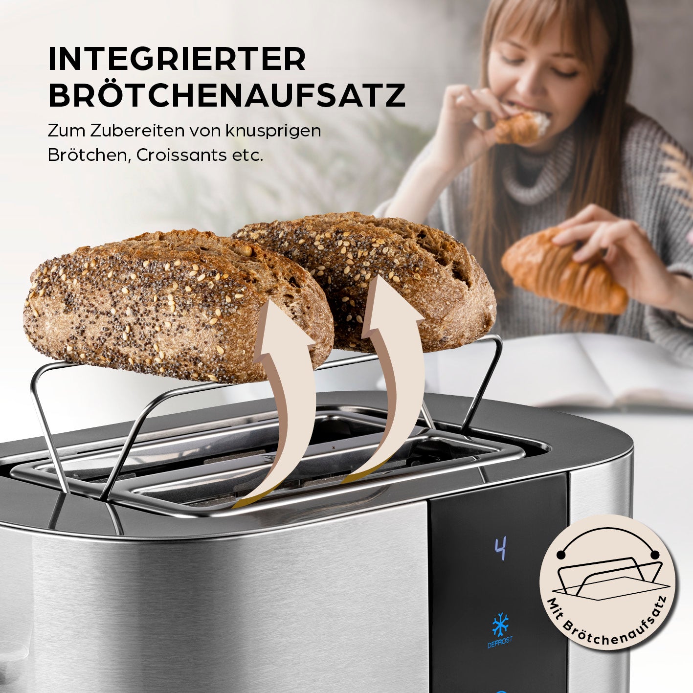 Toaster - Edelstahl mit integriertem Brötchenaufsatz, modernem Design und Touchdisplay für individuelle Bräunungsgrade.