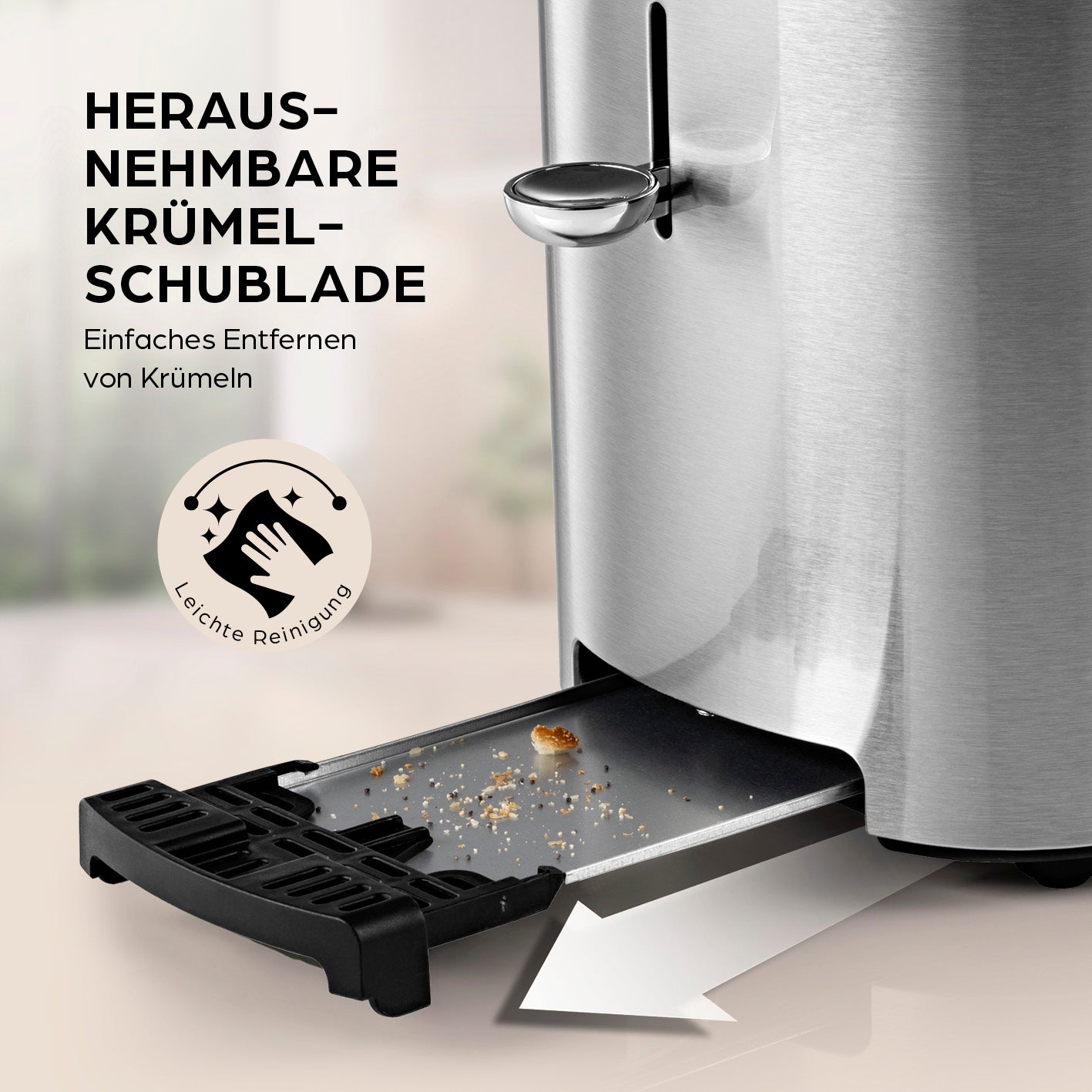 Toaster - Edelstahl mit herausnehmbarer Krümelschublade für einfache Reinigung und praktischen Gebrauch im modernen Design.