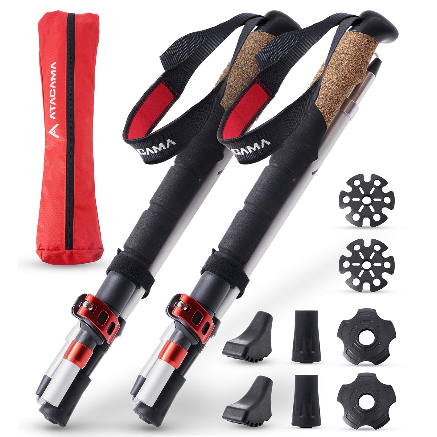 Teleskop Wanderstöcke - faltbar - CarbonMix - 63 cm /135 cm mit ergonomischem Korkgriff und Gummipuffer-Set für vielseitige Einsätze.