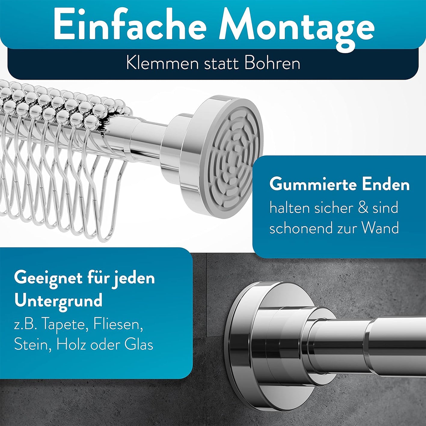 Duschvorhangstange - 125–220 cm aus Edelstahl mit gummierten Enden, einfache Montage ohne Bohren, geeignet für verschiedene Untergründe.