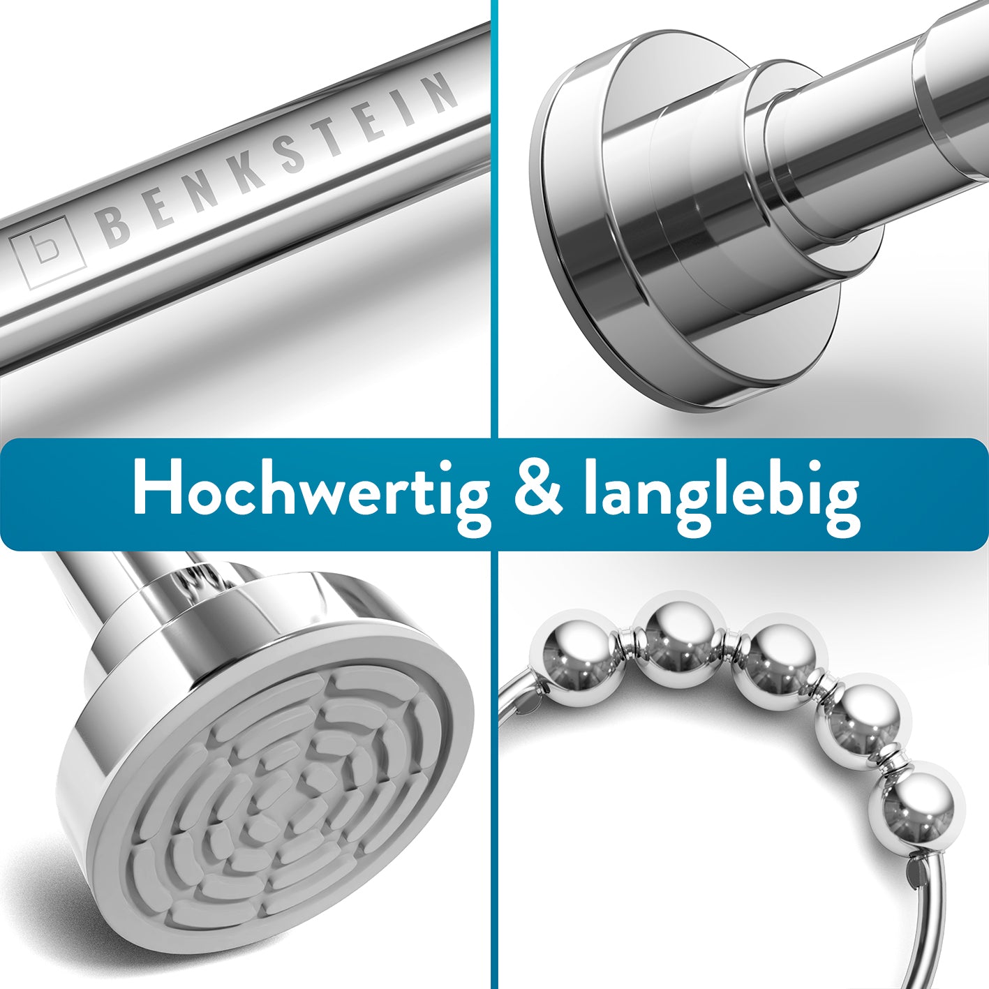 Duschvorhangstange - 125–220 cm - Edelstahl, teleskopierbar, rostfrei, mit 12 Hochglanzringen, einfache Montage ohne Bohren.