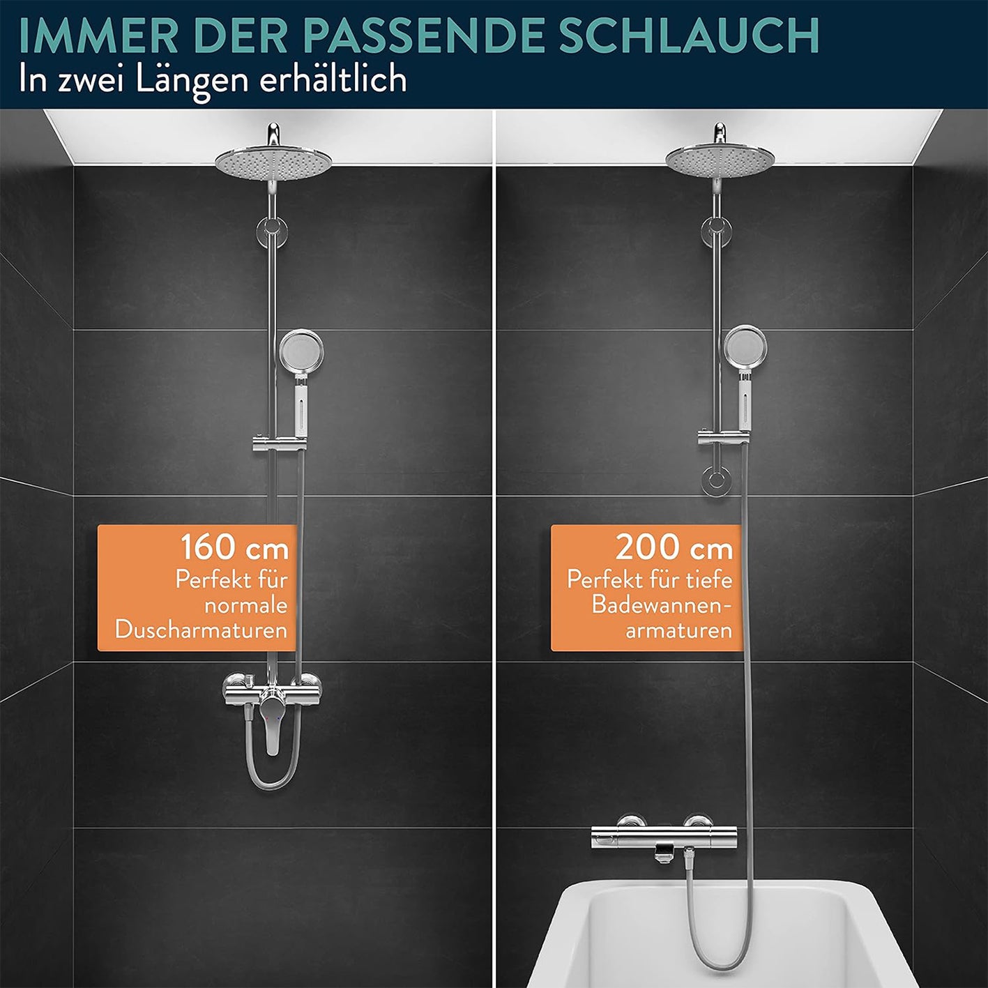 Brauseschlauch - 2 m, deutscher Qualitäts-Duschschlauch mit Knickschutz, sofort einsatzbereit, ideal für tiefe Badewannenarmaturen.