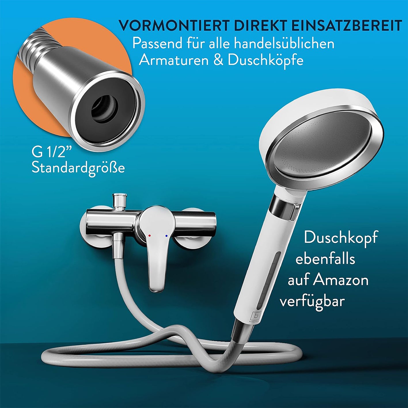 Brauseschlauch - 1,6 m mit vormontierten Anschlüssen, Knickschutz und G 1/2" Standardgröße, sofort einsatzbereit.