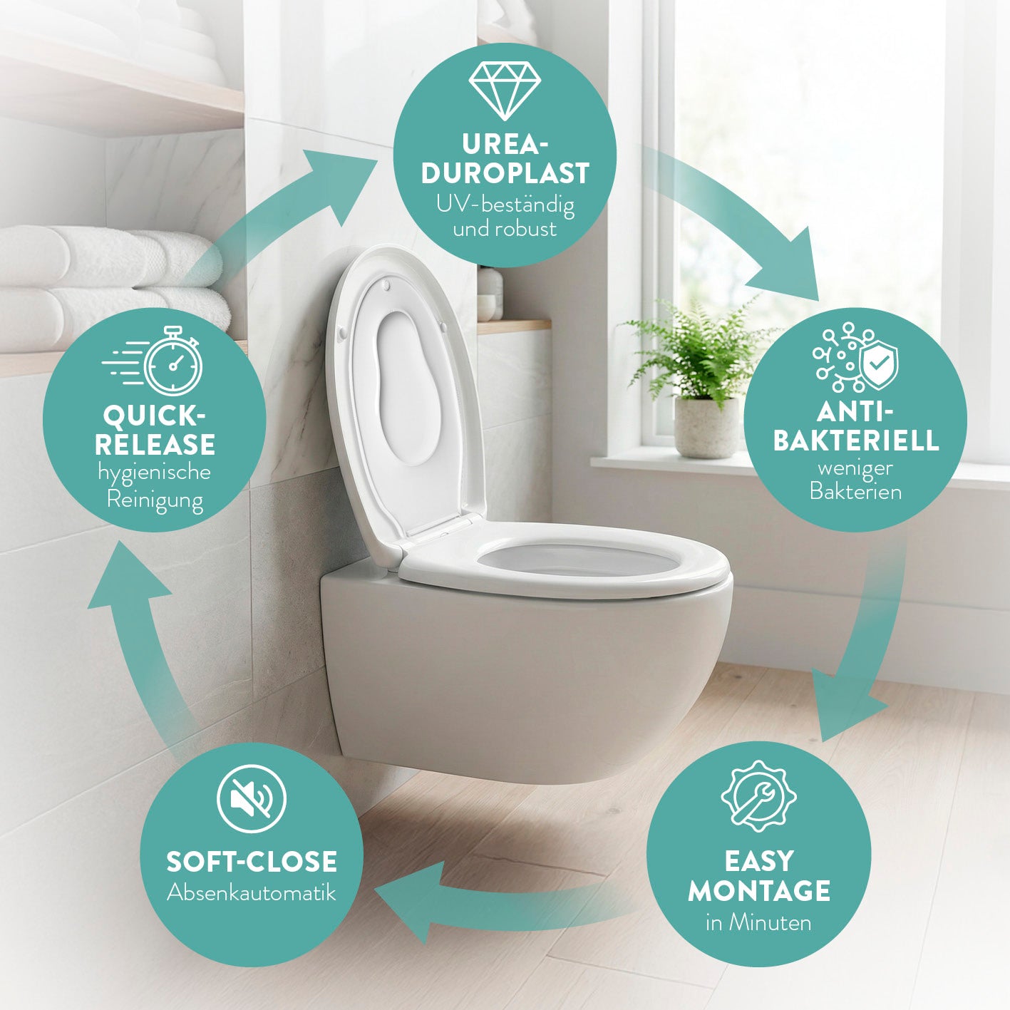Kinder-Toilettendeckel - Weiß mit antibakterieller Oberfläche, Soft-Close-Funktion, Quick-Release und einfacher Montage für hygienischen Komfort.