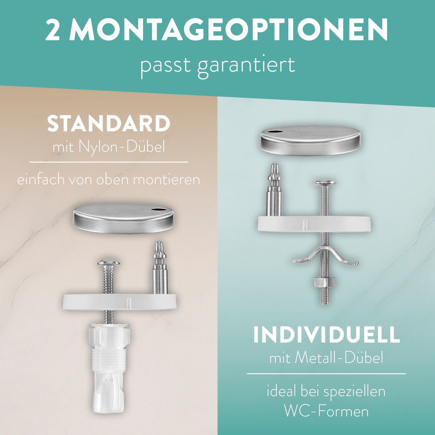 Kinder-Toilettendeckel - Weiß mit zwei Montageoptionen: Standard Nylon-Dübel oder individuell Metall-Dübel für verschiedene WC-Formen.