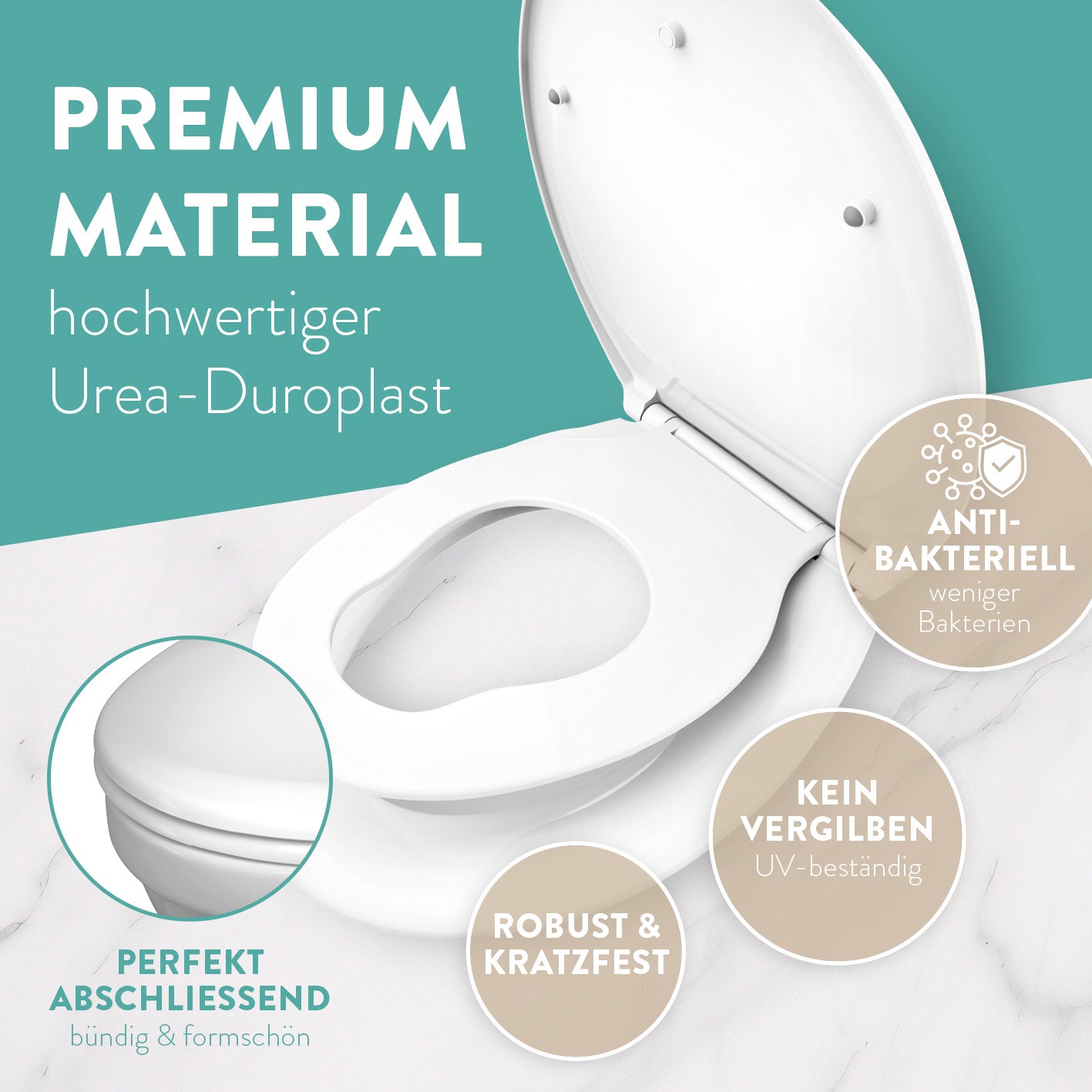 Kinder-Toilettendeckel - Weiß aus robustem Urea-Duroplast, antibakteriell, UV-beständig und formschön bündig abschließend.