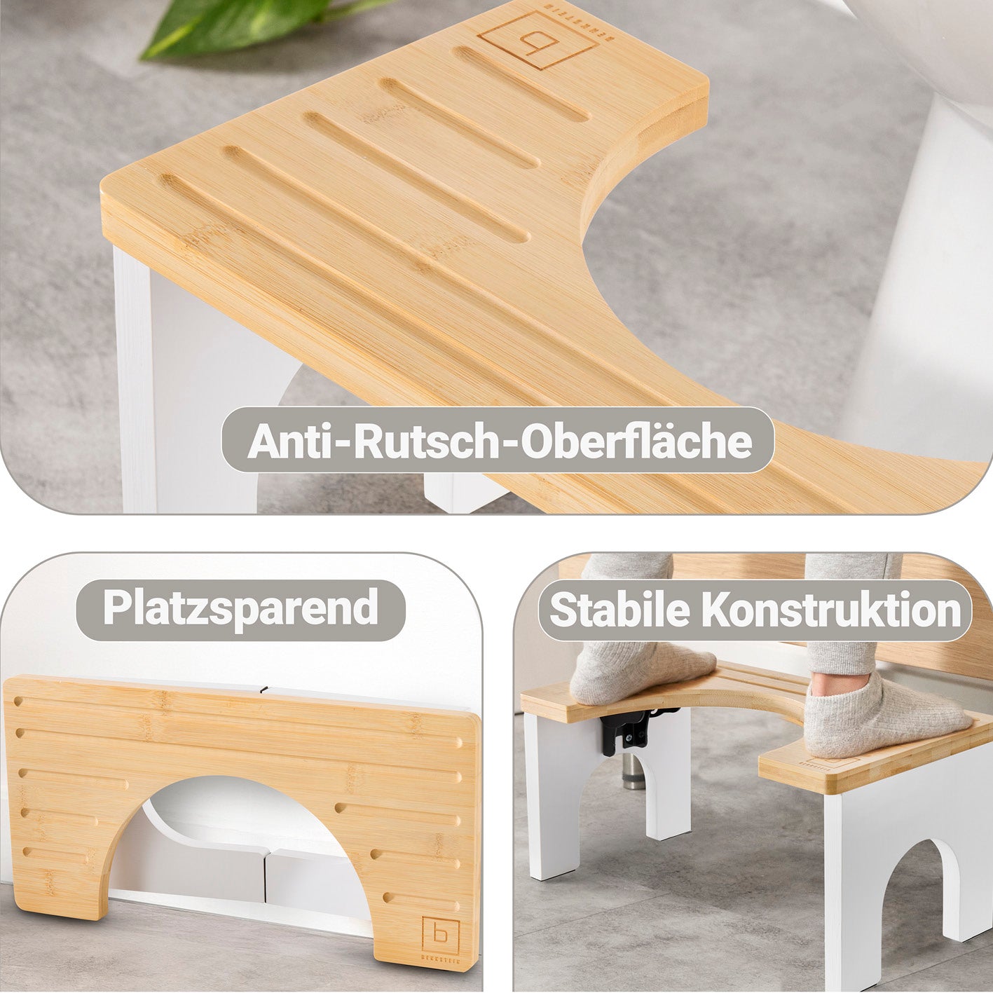 Bambus-Toilettenhocker mit rutschfester Oberfläche, stabiler Konstruktion und platzsparendem Design für gesunde Darmhaltung.