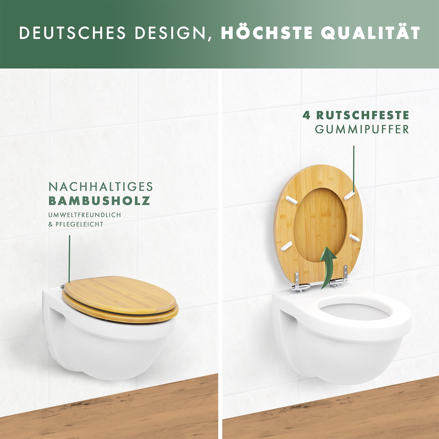 Premium Bambus-WC-Sitz - oval aus nachhaltigem Bambusholz mit rutschfesten Gummipuffern und moderner Holzoptik für Standardtoiletten.