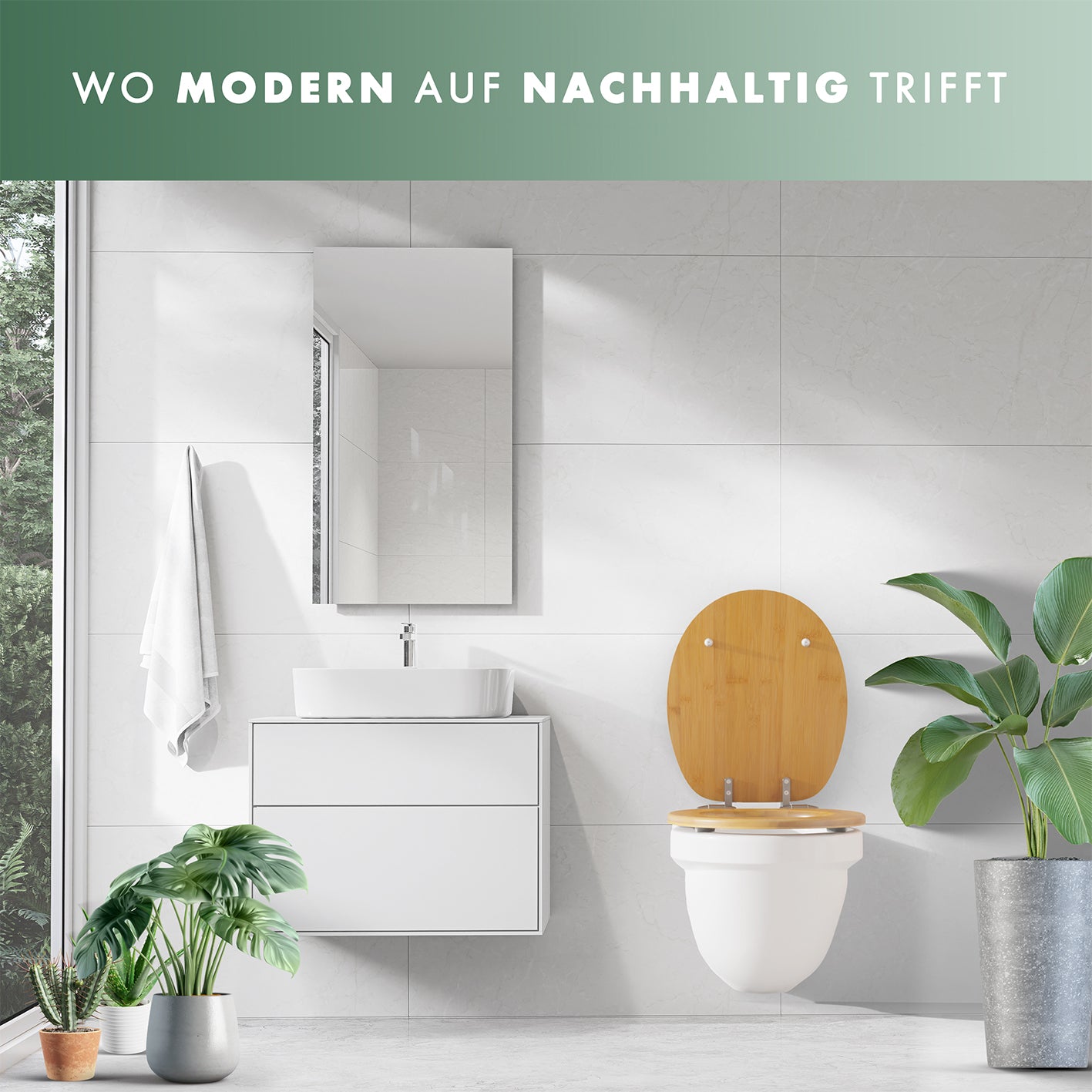 Premium Bambus-WC-Sitz - oval mit Holzoptik, Soft-Close, leicht zu reinigen, modernes Design im nachhaltigen Badezimmerambiente.