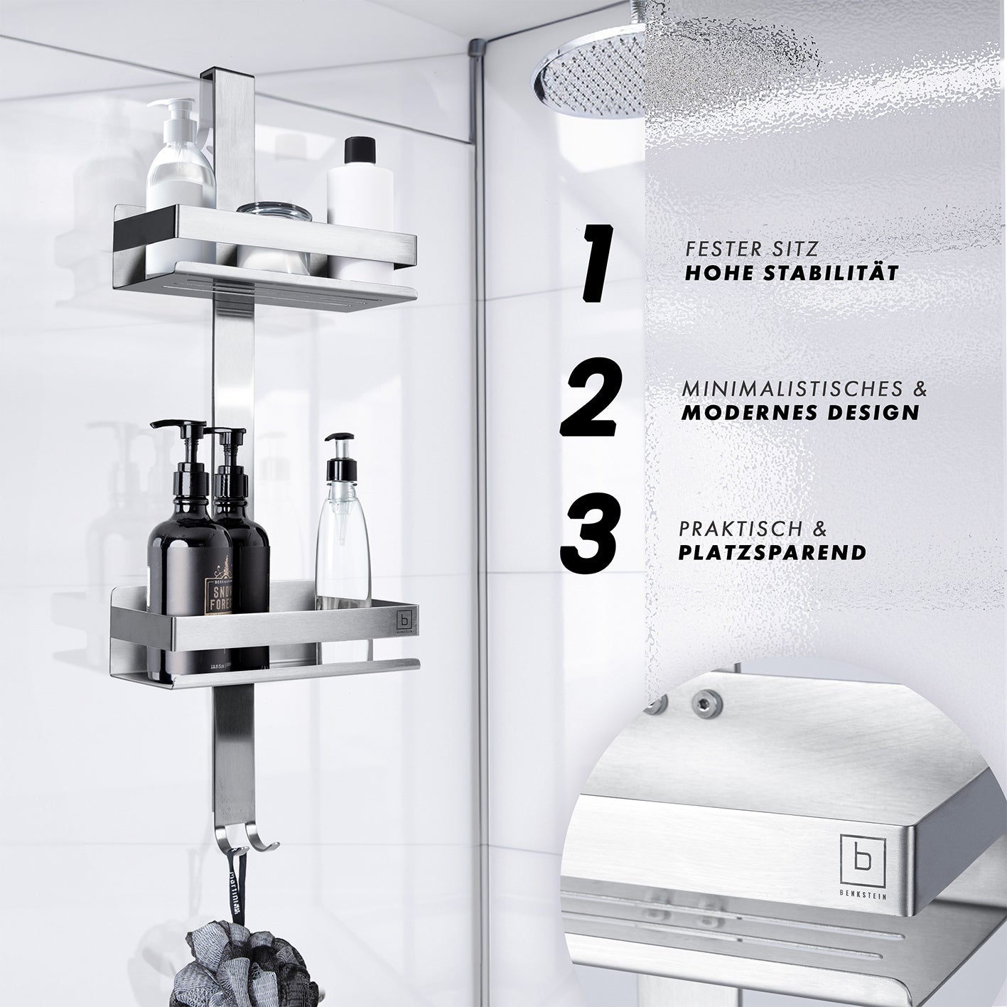 Dusch-Organizer - Edelstahl mit 2 Ablagen, 4 Haken, rostfreiem Material und modernem, platzsparendem Design für rahmenlose Glasduschen.