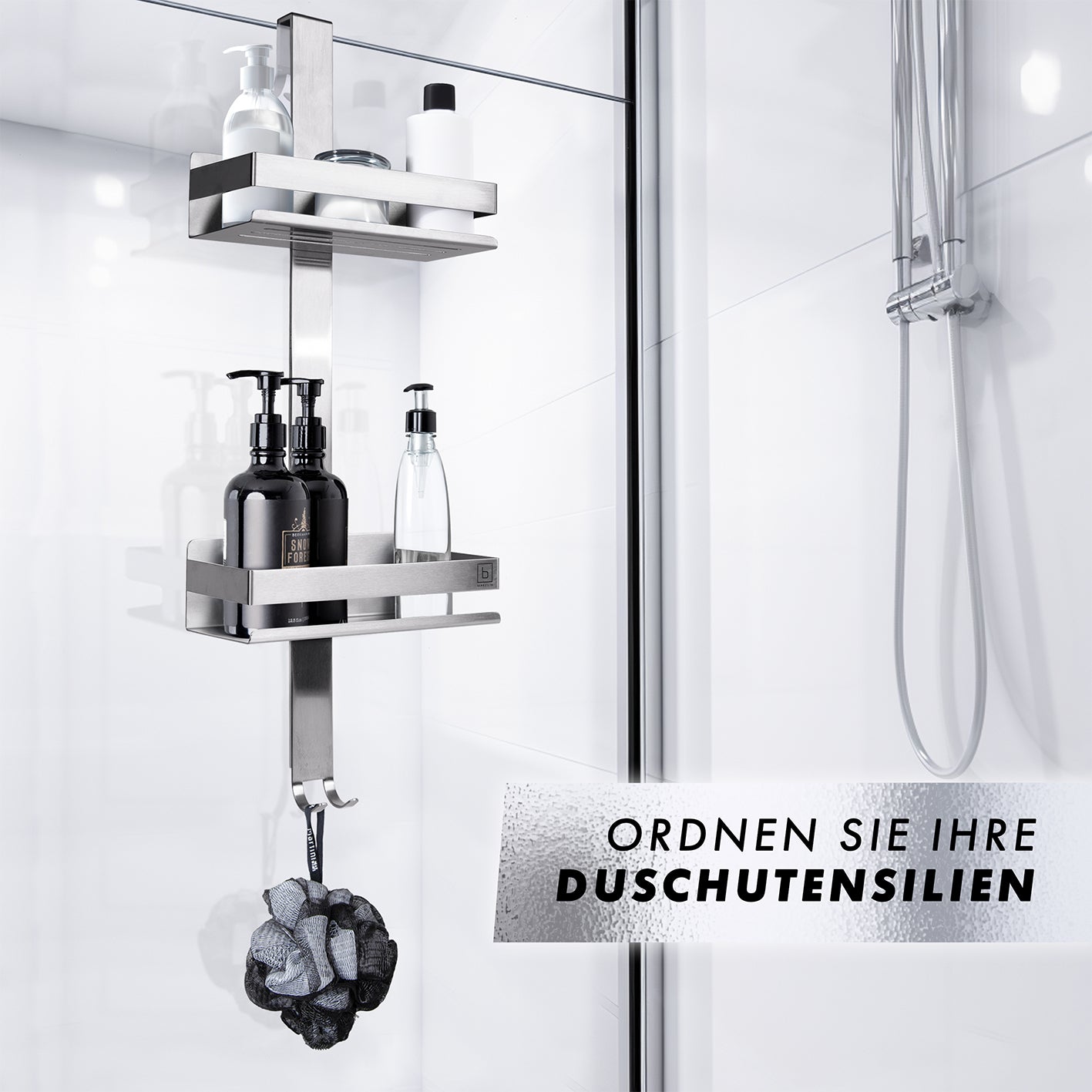 Dusch-Organizer - Edelstahl mit 2 Ablagefächern und 4 Haken für rahmenlose Duschwände bis 18 mm Stärke, rostfrei und kratzgeschützt.