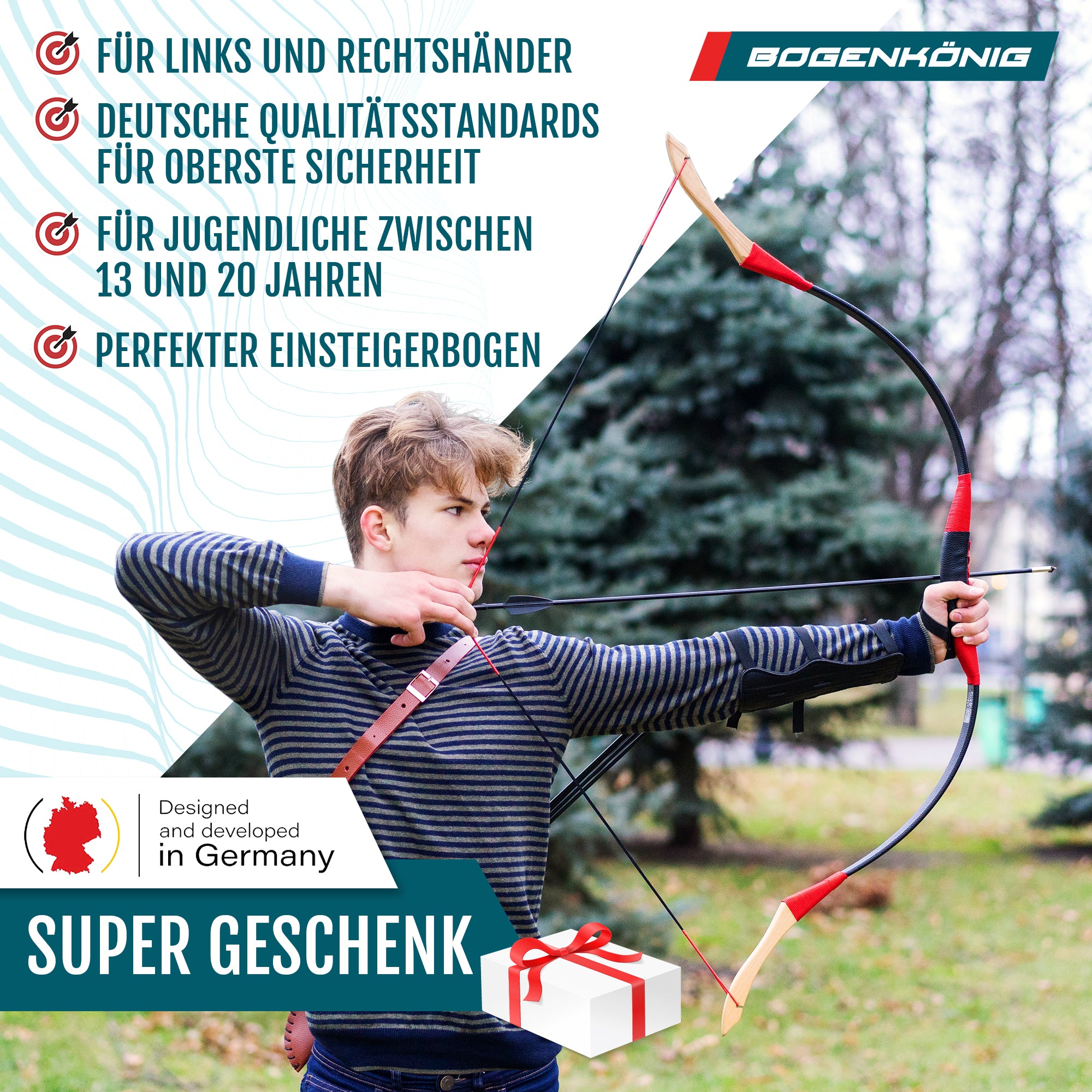 Holz Sportbogen Set mit Köcher - Einsteigerbogen - ab 13 Jahre