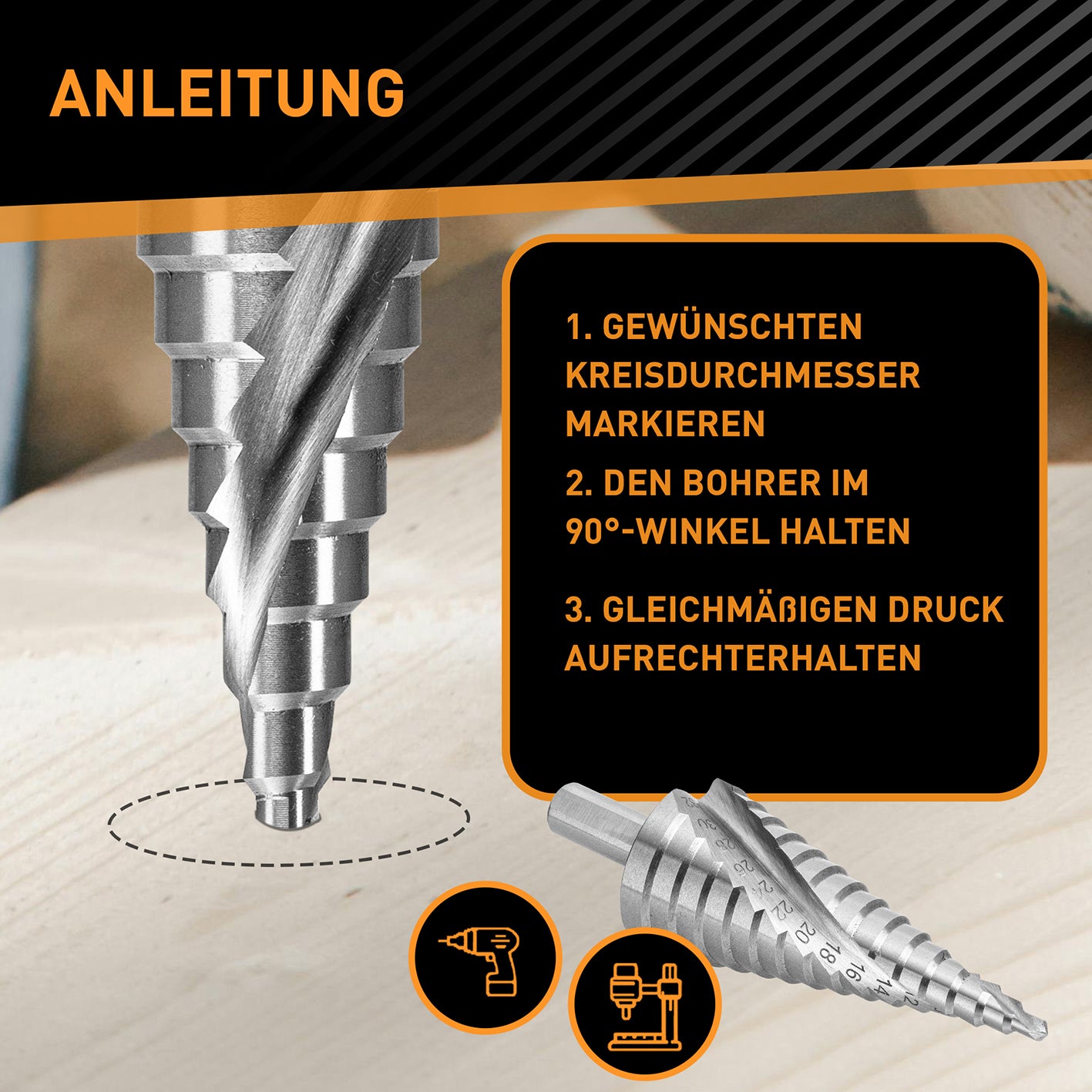 Anleitung zur Anwendung des Stufenbohrer Ø 4-32mm mit Markierung, 90°-Winkel und gleichmäßigem Druck für präzises Bohren.