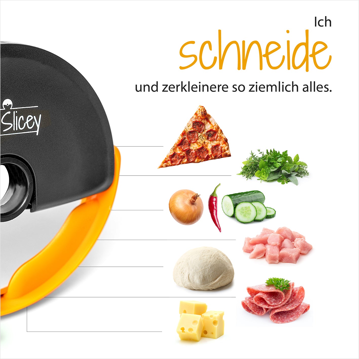 Pizzaschneider Mr. Slicey + Sicherheits-Gummilippe Galeriebild 4, zeigt vielseitiges Schneiden von Pizza, Kräutern und mehr.