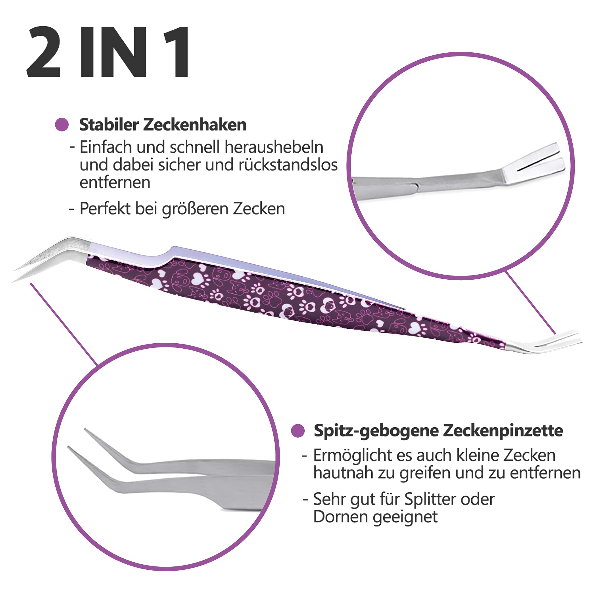 2-in-1 Profi Zeckenzange - für Hunde und Katzen - Violett