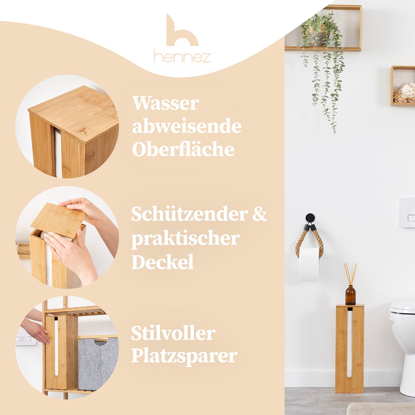Toilettenpapier-Aufbewahrung "Maria" - Bambus mit wasserabweisender Oberfläche, schützendem Deckel und stilvollem Platzspardesign für Badezimmer