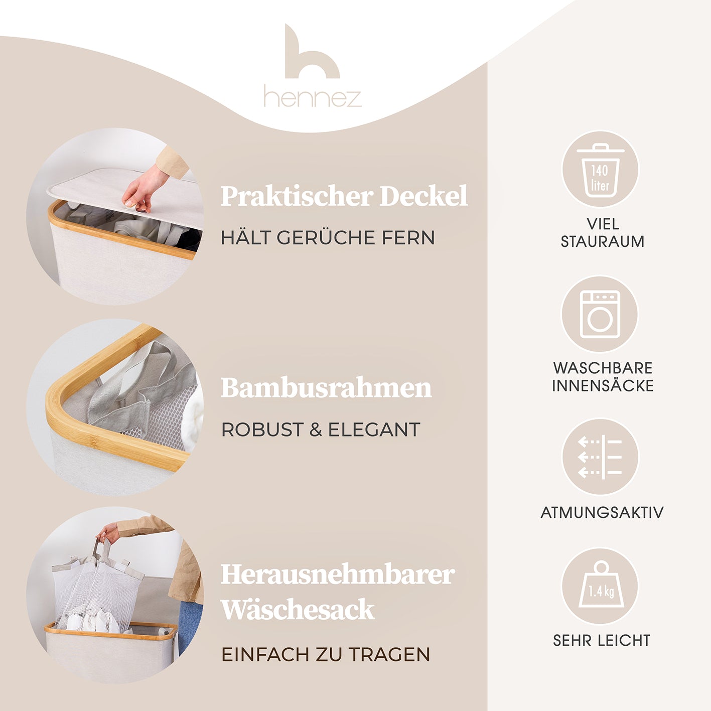 Aufbewahrungskorb "Adrian" 140 l mit Deckel in Beige-Grau mit Bambusrahmen, herausnehmbarem Wäschesack und geruchsdichtem Deckel.