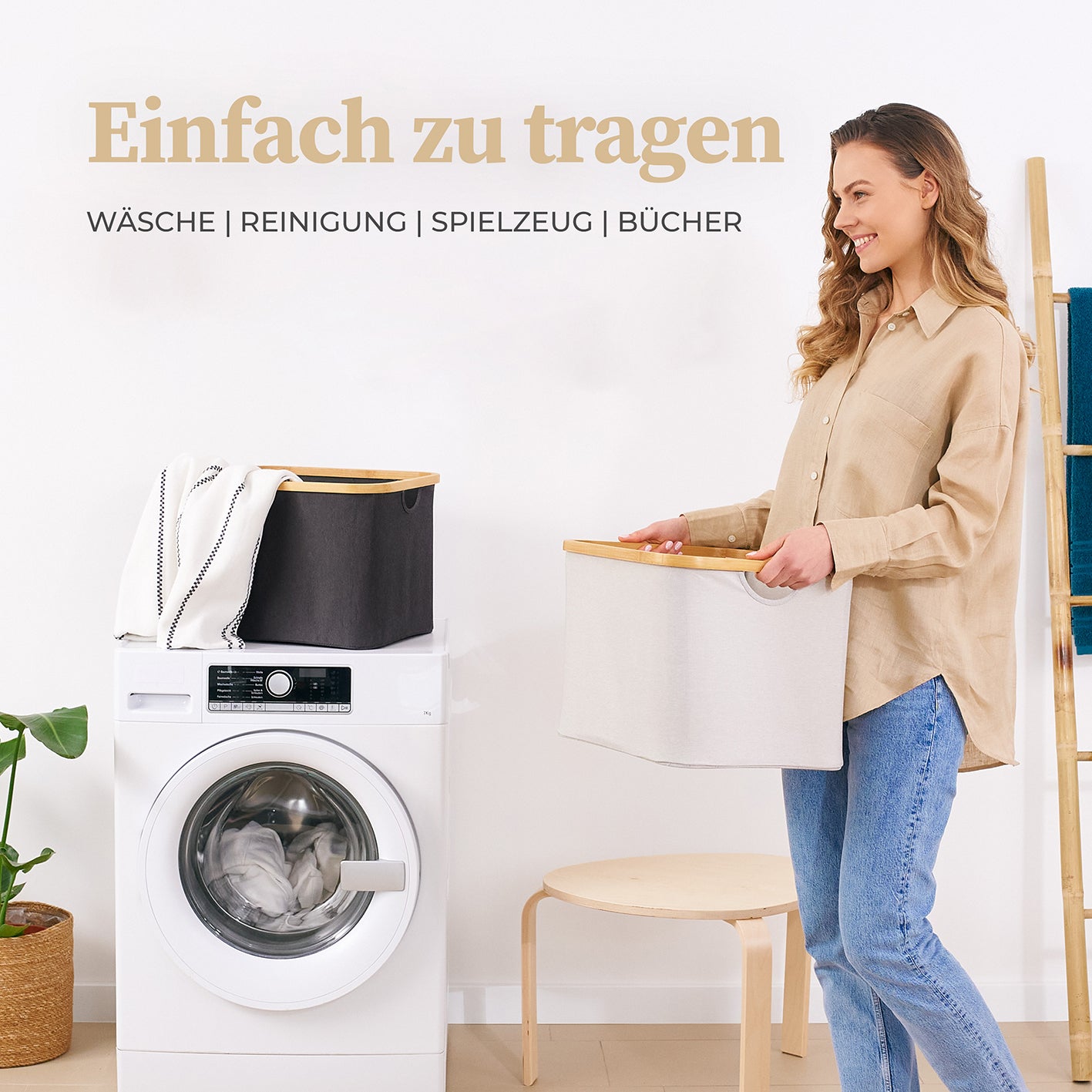 Aufbewahrungskorb "Adrian" 40 l Dunkelgrau, faltbarer Stoffkorb mit Bambusrahmen für Wäsche, Spielzeug und Ordnung im Haushalt.