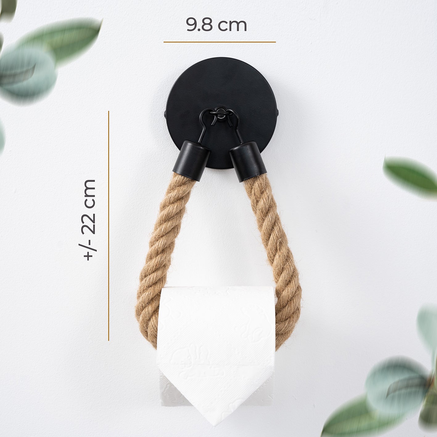Toilettenpapierhalter - Mattschwarz aus Juteseil und Metall, stilvoller Retro-Look, handgefertigt, platzsparend und einfach montierbar.