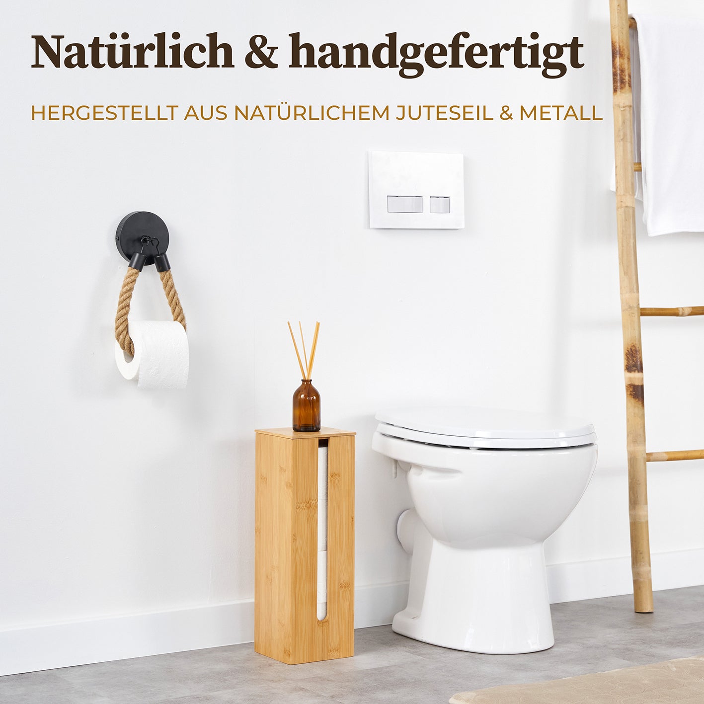 Toilettenpapierhalter - Mattschwarz aus Juteseil und Metall, handgefertigt, stilvoll und praktisch im zeitlosen Retro-Design.
