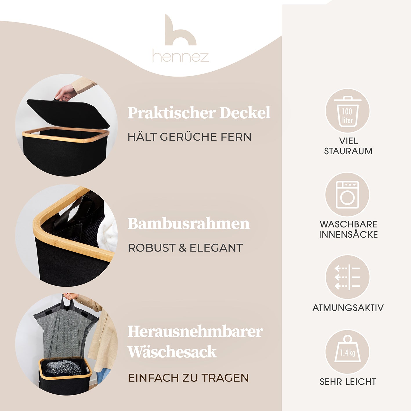 Aufbewahrungskorb "Adrian" 100 l mit Deckel in Schwarz, mit Bambusrahmen, waschbarem Wäschesack und praktischem, geruchsdichtem Deckel.