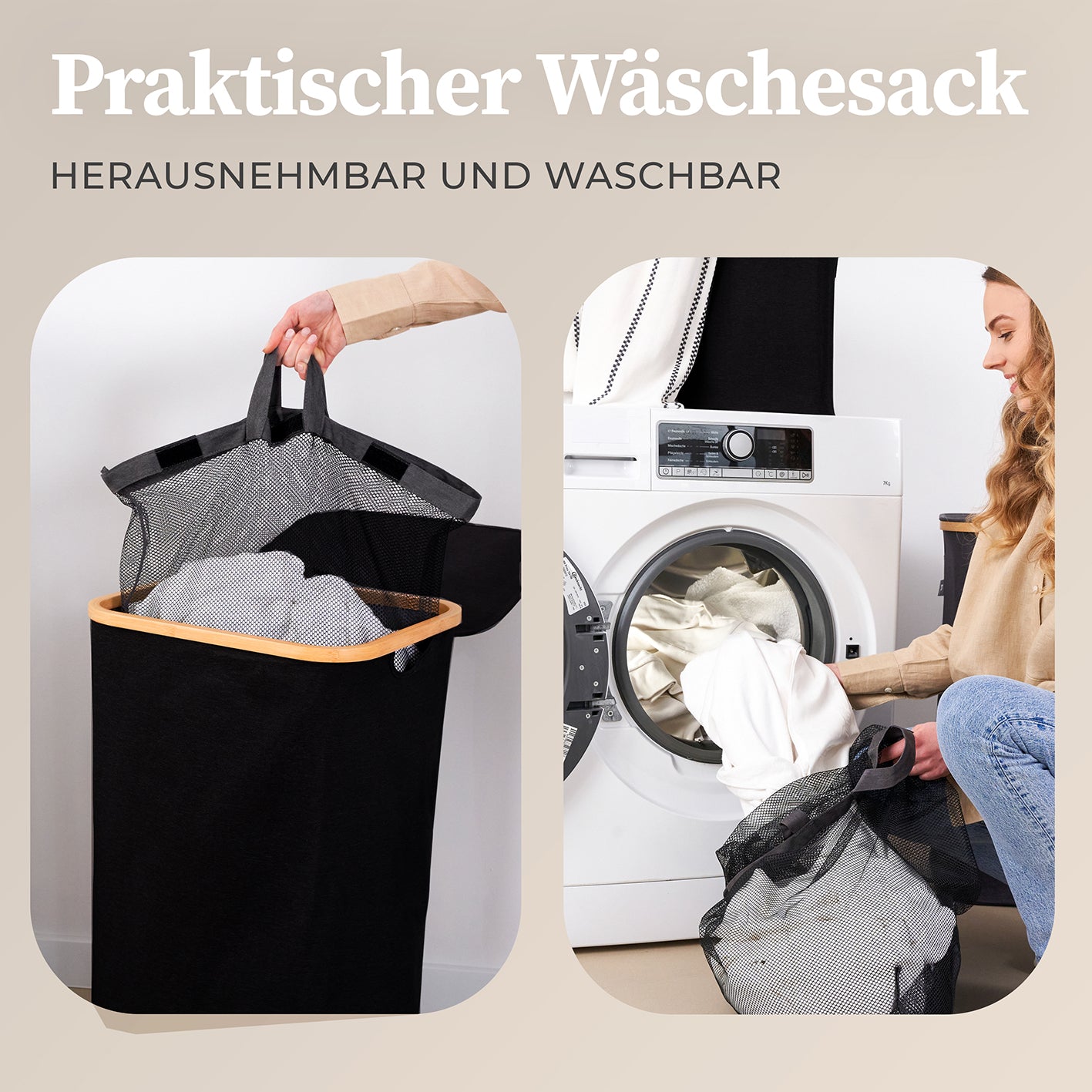 Aufbewahrungskorb "Adrian" 100 l mit Deckel - schwarzer, waschbarer Wäschesack mit Griffen, herausnehmbar und geruchsneutral.