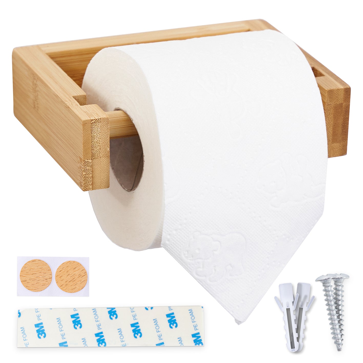 Toilettenpapierhalter Bambus mit einfachem Montageset ohne Bohren, modernes Design und nachhaltiges, funktionales Badezimmerzubehör.