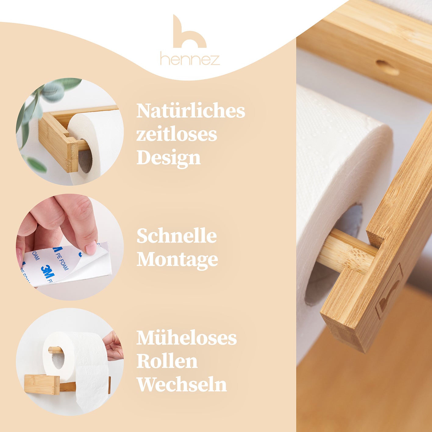 Toilettenpapierhalter Bambus mit natürlichem Design, einfache Montage ohne Bohren und müheloses Rollenwechseln für modernes Badezimmer.