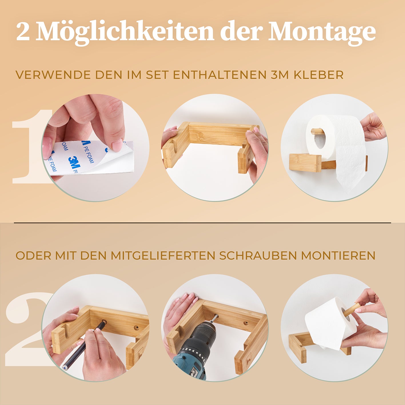 Toilettenpapierhalter Bambus zeigt Montage mit 3M Kleber oder Schrauben für einfache Befestigung ohne Bohren im Badezimmer.