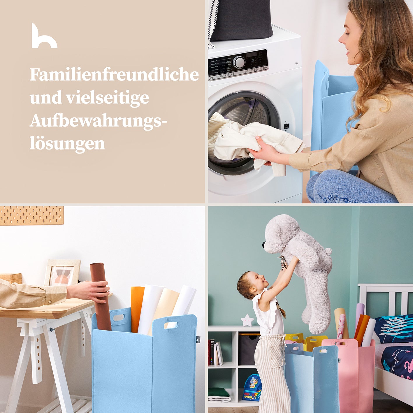 Filz-Aufbewahrungskorb "Katy" 75 l Blau, großer faltbarer Wäschekorb mit praktischen Griffen, vielseitig für Haushalt und Kinderzimmer.