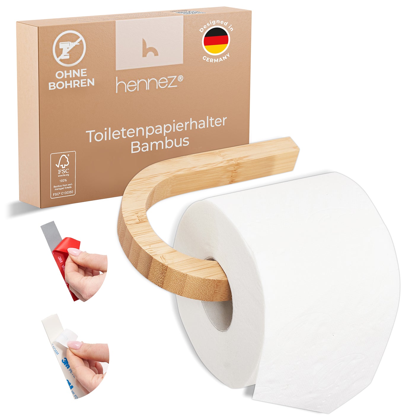 Toilettenpapierhalter ohne Bohren - Bambus in U-Form mit selbstklebender Montage für modernes, nachhaltiges Badezimmerdesign.