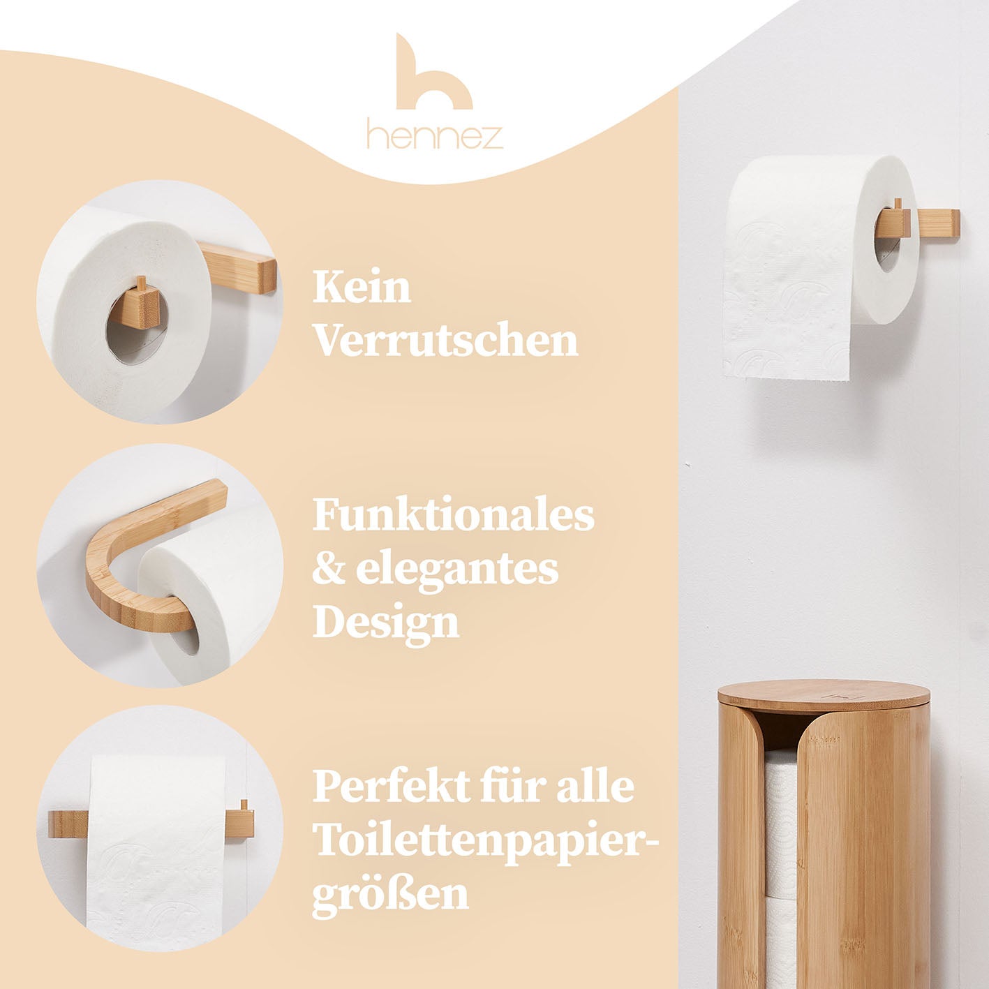 Toilettenpapierhalter ohne Bohren - Akazie aus nachhaltigem Holz mit selbstklebender Montage und modernem minimalistischen Design.
