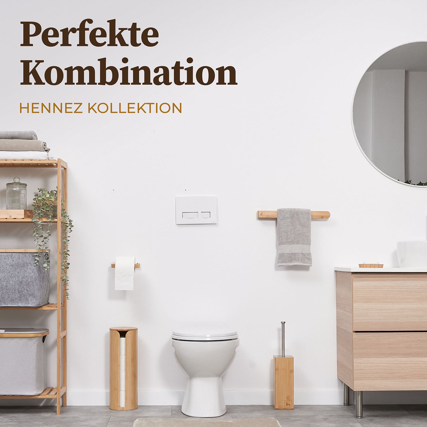 Moderner Badezimmerbereich mit Toilettenpapierhalter ohne Bohren - Akazie aus nachhaltigem Holz und minimalistischen Design.