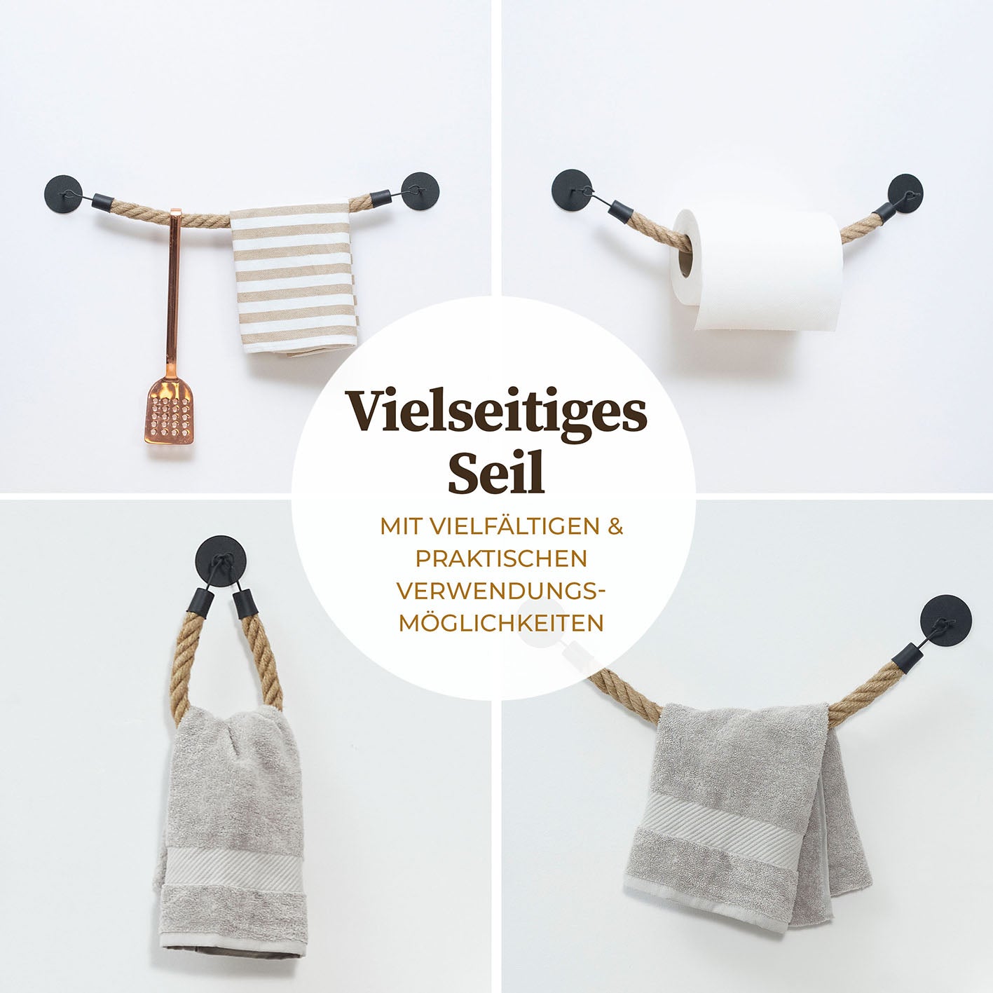 Handtuchhalter - Braun/Schwarz mit 3M-Klebeband, handgefertigt aus Jute und Metall, vielseitig für Bad, Küche und Gäste-WC.