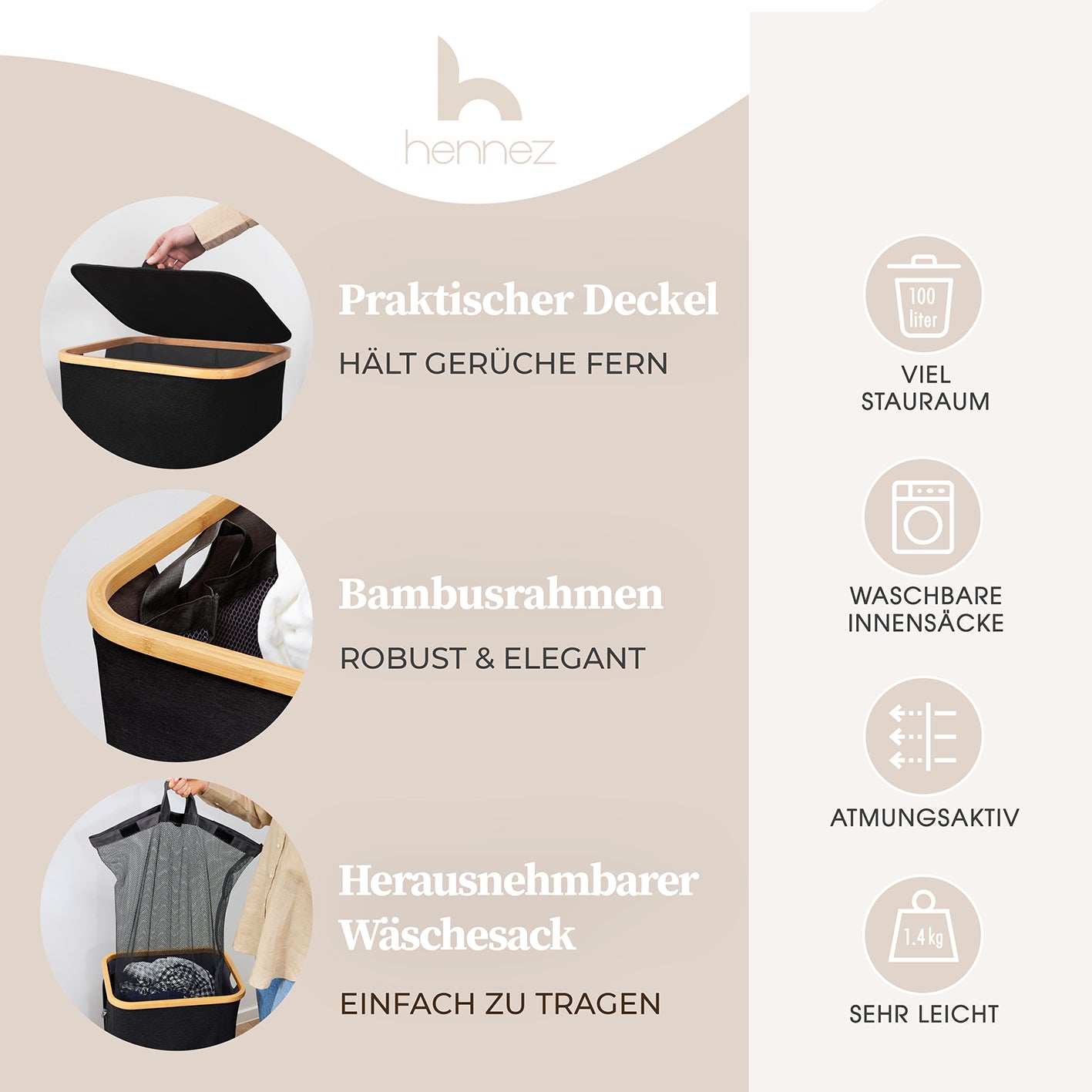 Aufbewahrungskorb "Adrian" 140 l mit Deckel & 2 Fächern, Schwarz, mit Bambusrahmen und herausnehmbarem Wäschesack.