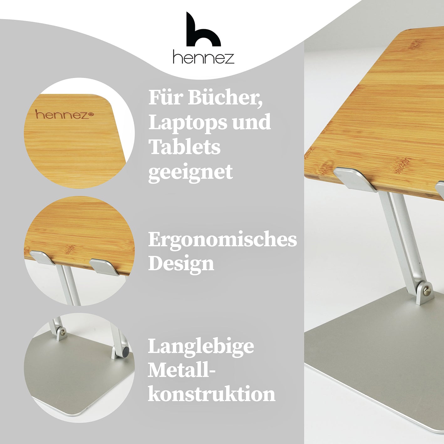 Laptop-Ständer - Holz aus langlebiger Metallkonstruktion mit ergonomischem Design für Bücher, Laptops und Tablets geeignet.