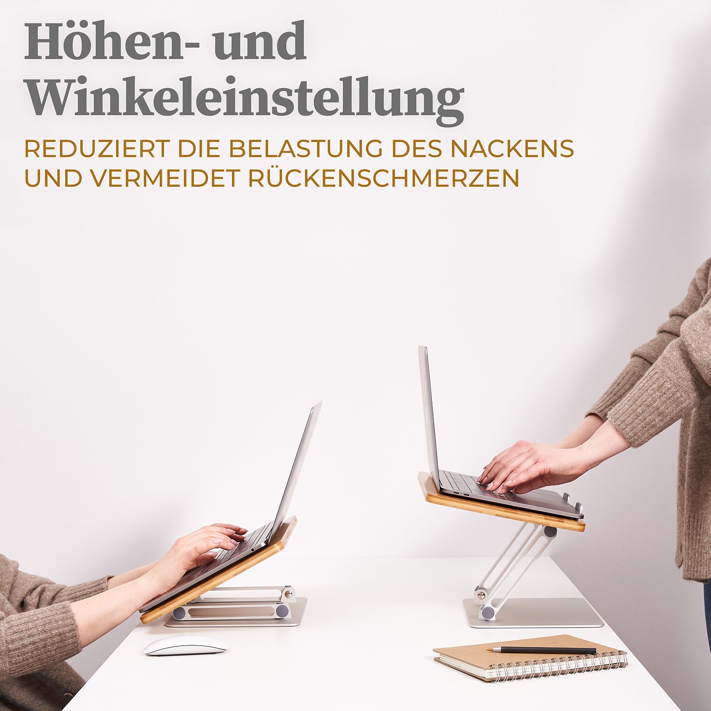 Laptop-Ständer - Holz mit Höhen- und Winkeleinstellung zur Vermeidung von Nacken- und Rückenschmerzen, stabil und ergonomisch.