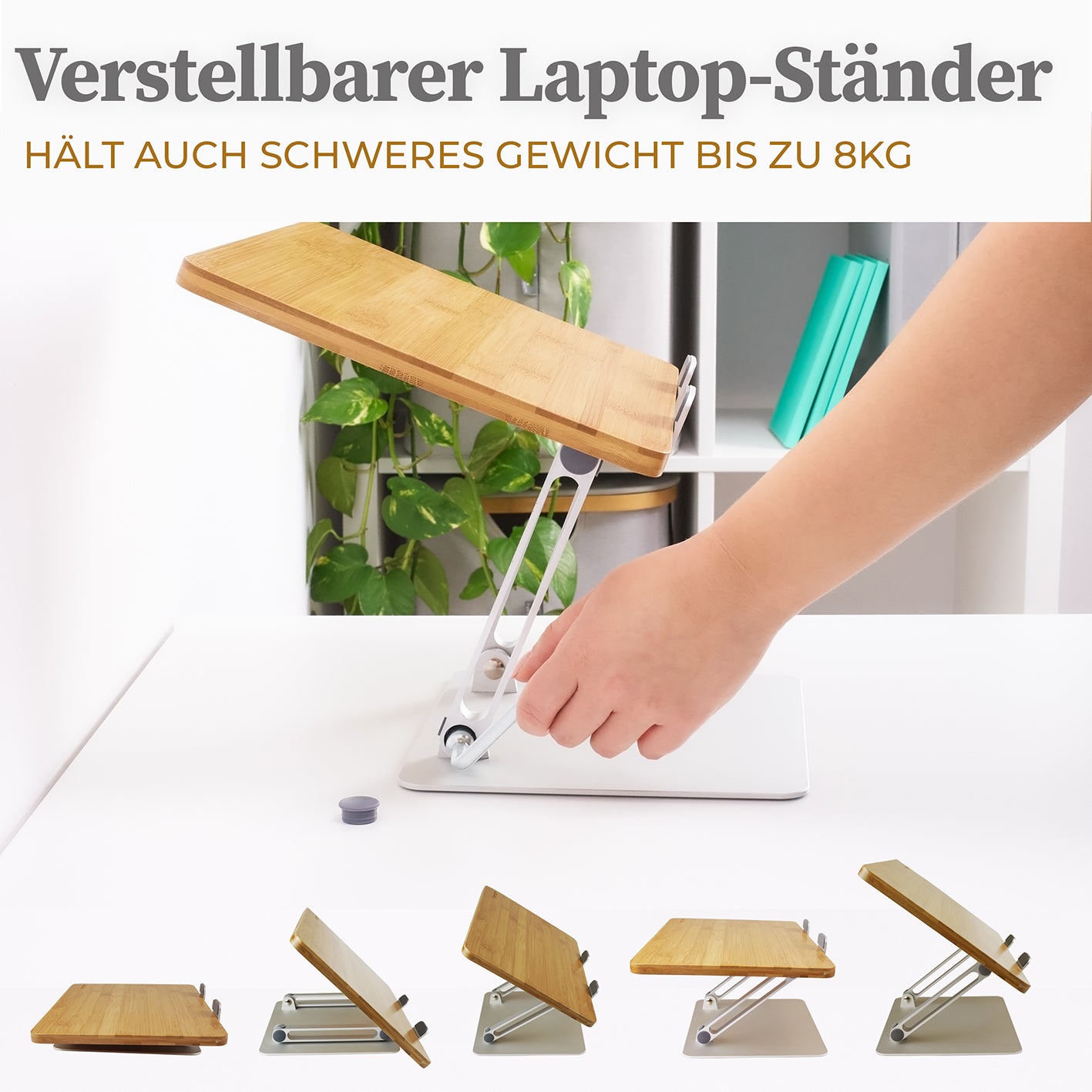 Laptop-Ständer - Holz verstellbar, stabil bis 8kg, ergonomisch mit Schraubscharnieren und Anti-Rutsch-Funktion für Laptops und Tablets.