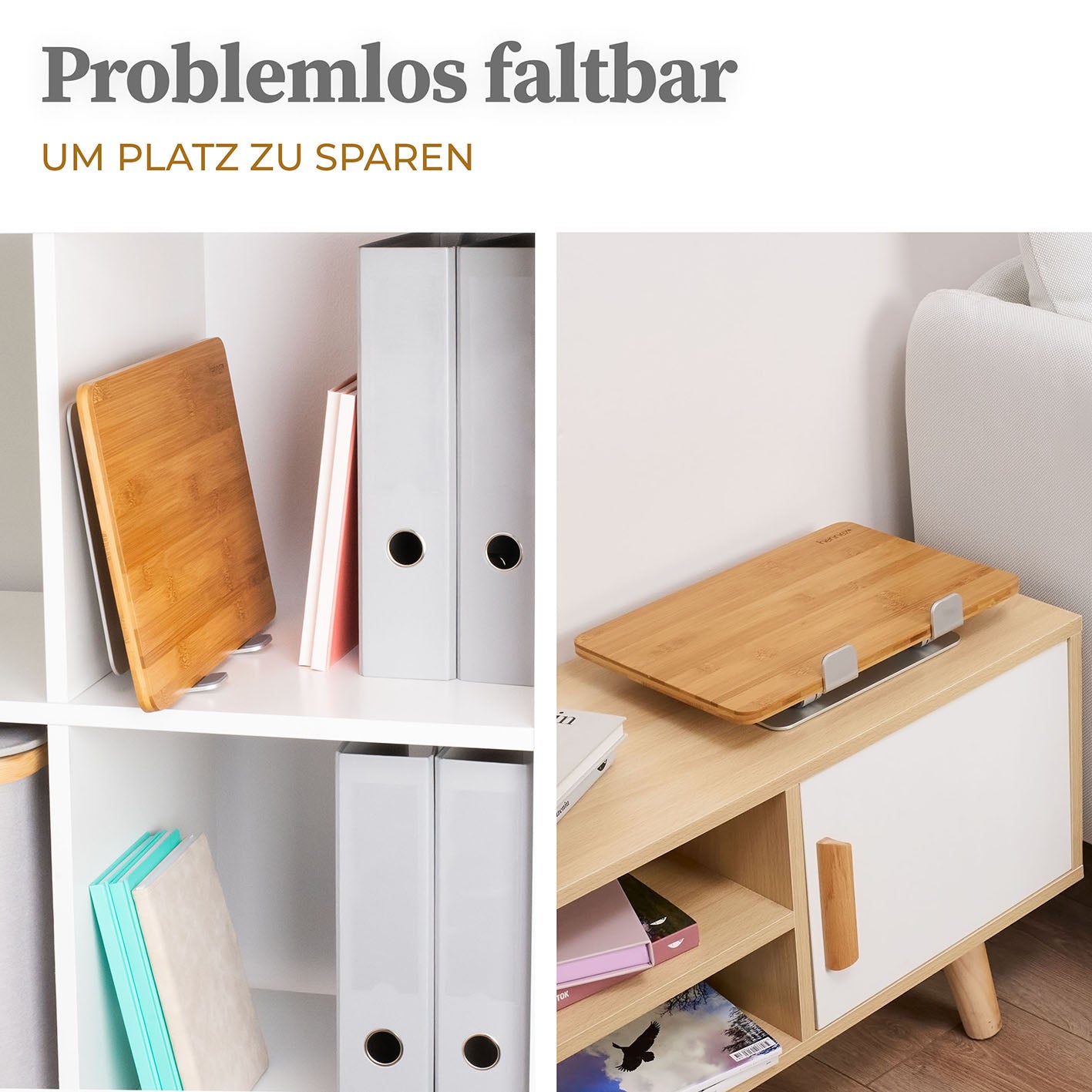 Laptop-Ständer - Holz klappbar, platzsparend, stabil mit Schraubscharnieren und rutschfester Unterseite, universell passend für Laptops und Tablets.