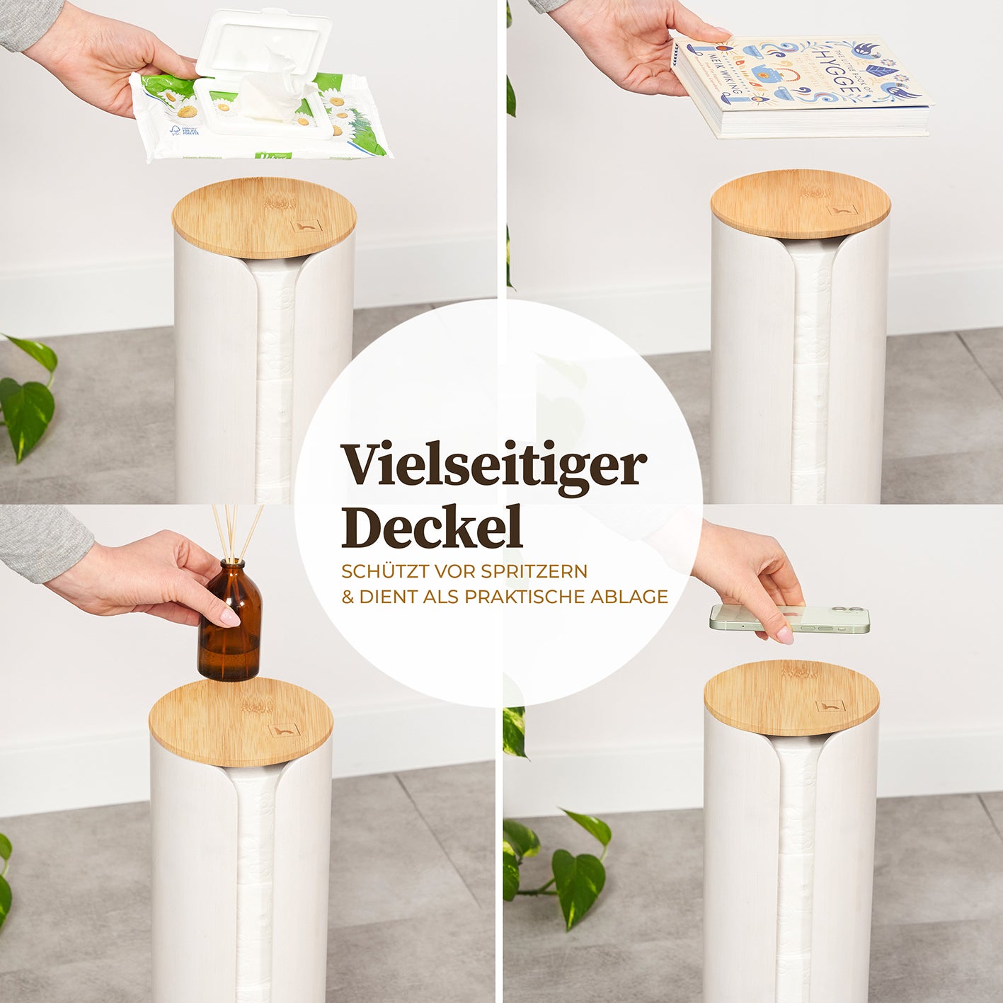 Hennez Toilettenpapier-Aufbewahrung "Maria" - Weiß mit vielseitigem Bambus-Deckel als Ablage und Spritzschutz für das Badezimmer.