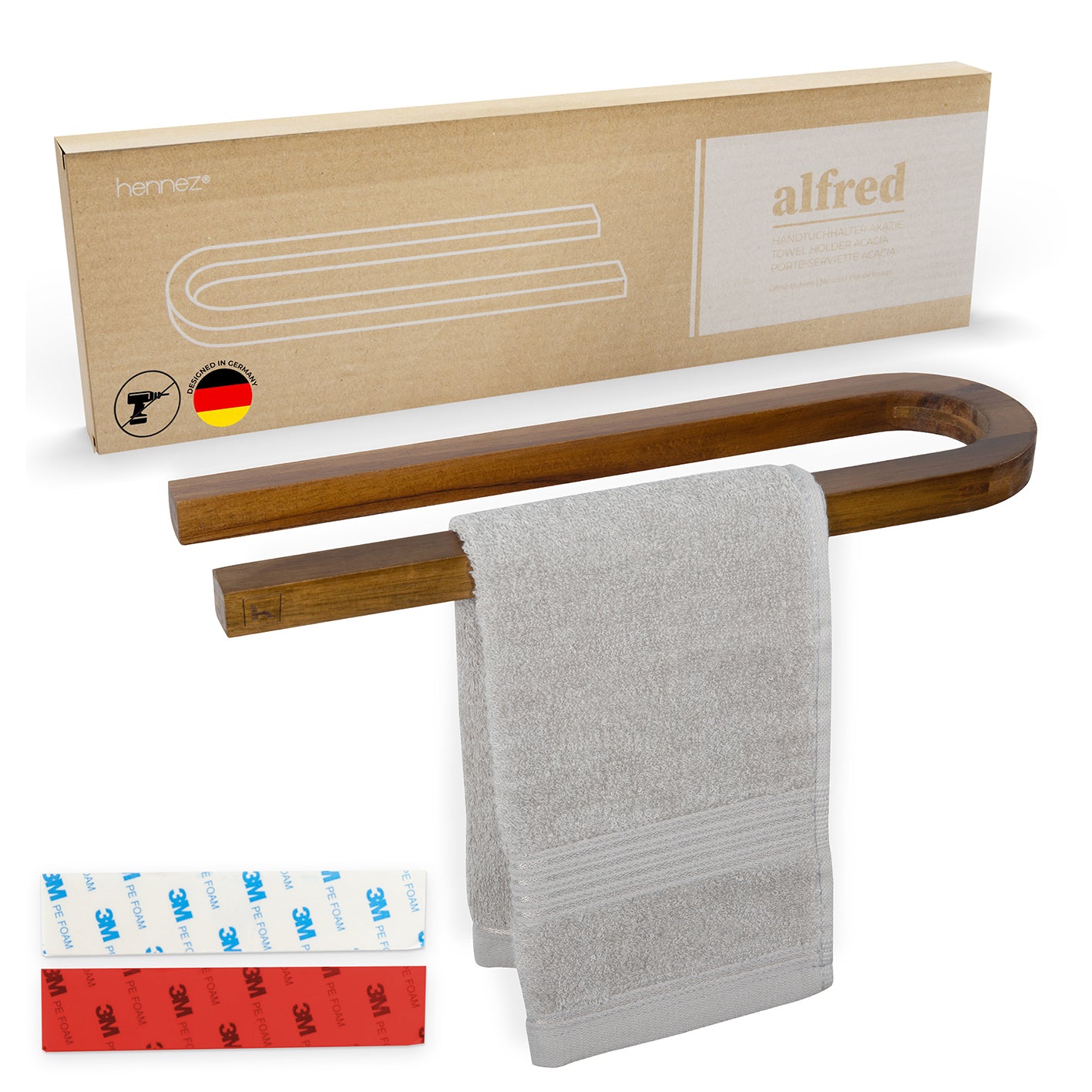 Handtuchstange "Alfred" ohne Bohren aus nachhaltigem Akazienholz, selbstklebend, plastikfrei, modern für Bad und Gäste-WC.